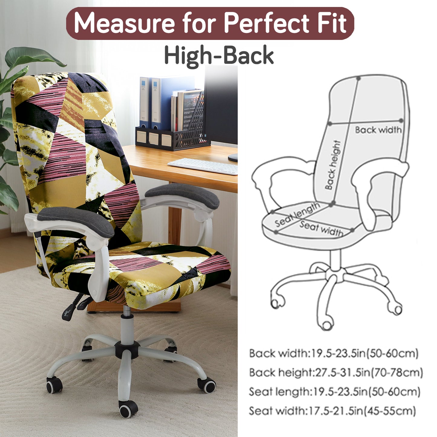 Printed Office Chair Cover for Executive Chair (High-Back) – 140 GSM Stretchable Fabric – Washable & Anti-Slip – Fits Big & Tall Office Chairs, Wine Abstract Geometry