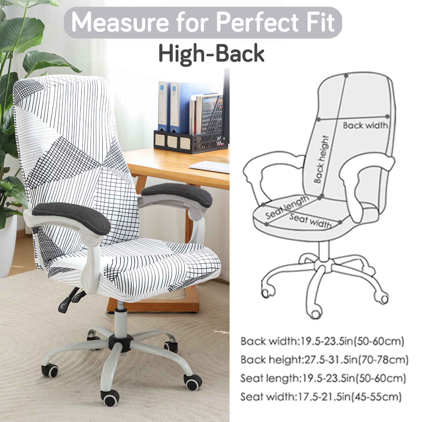 Printed Office Chair Cover for Executive Chair (High-Back) – 140 GSM Stretchable Fabric – Washable & Anti-Slip – Fits Big & Tall Office Chairs, Snow White Black Geometry