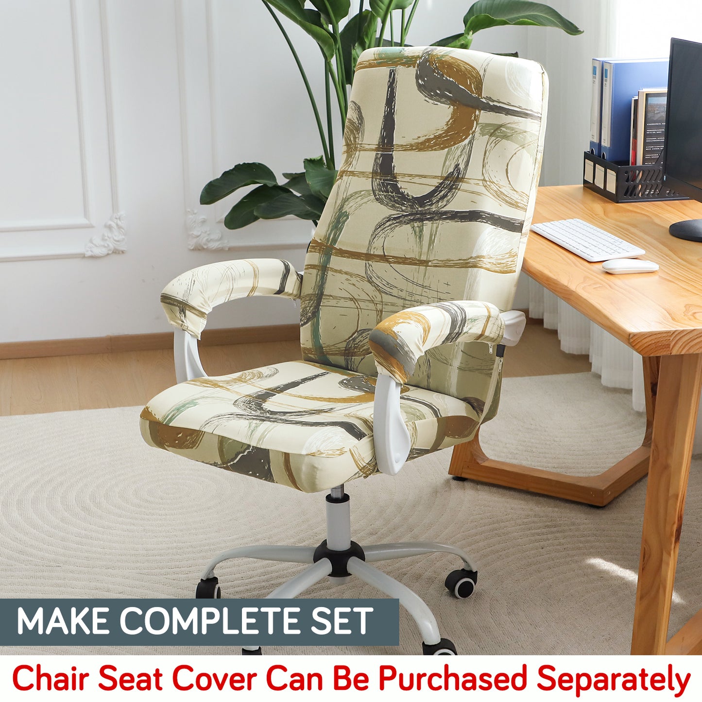 140gsm Printed Armrest Covers for Office Chair (Zipper Style), 1 Pair, Parchement Beige Abstract Art
