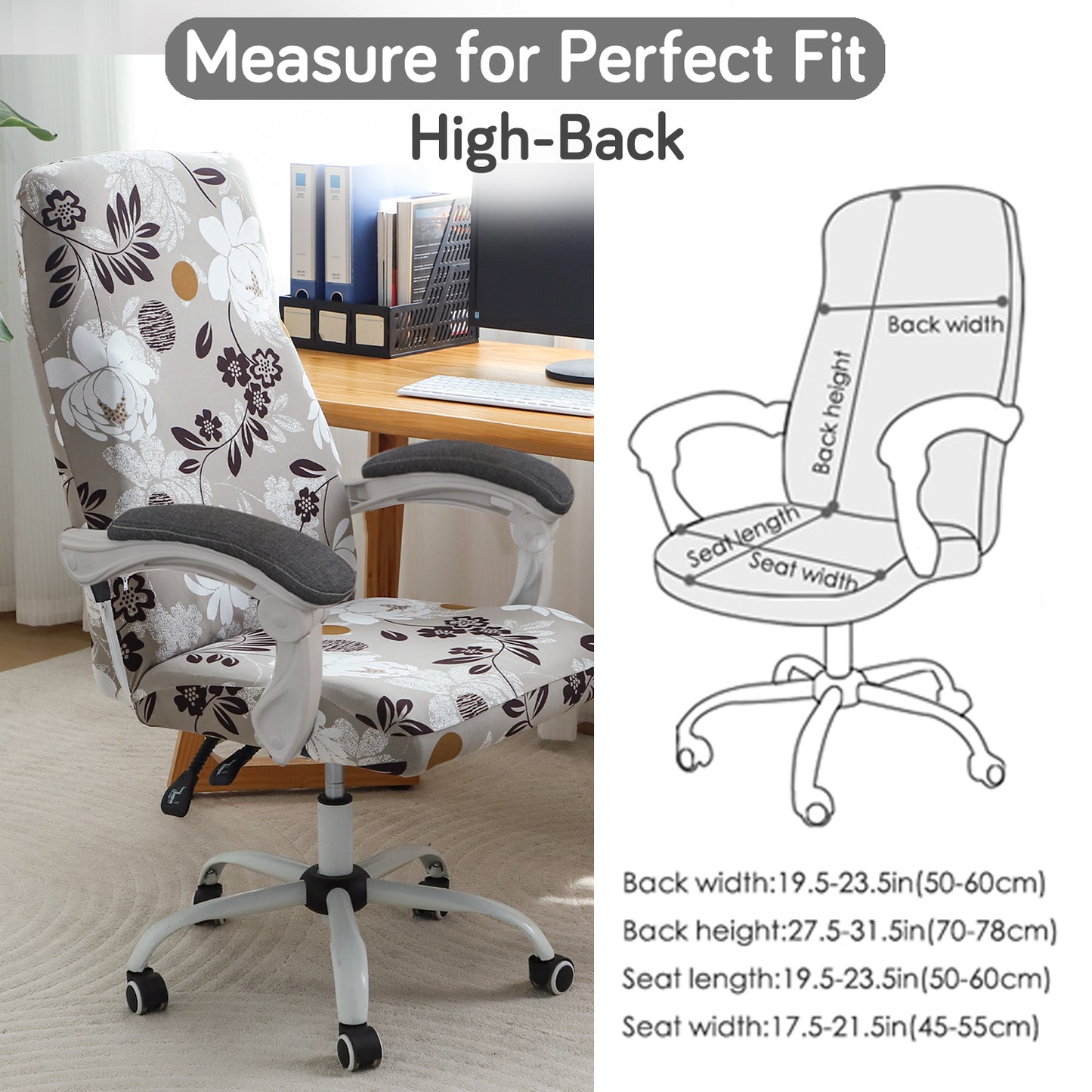 Printed Office Chair Cover for Executive Chair (High-Back) – 140 GSM Stretchable Fabric – Washable & Anti-Slip – Fits Big & Tall Office Chairs, Feather Brown Floral