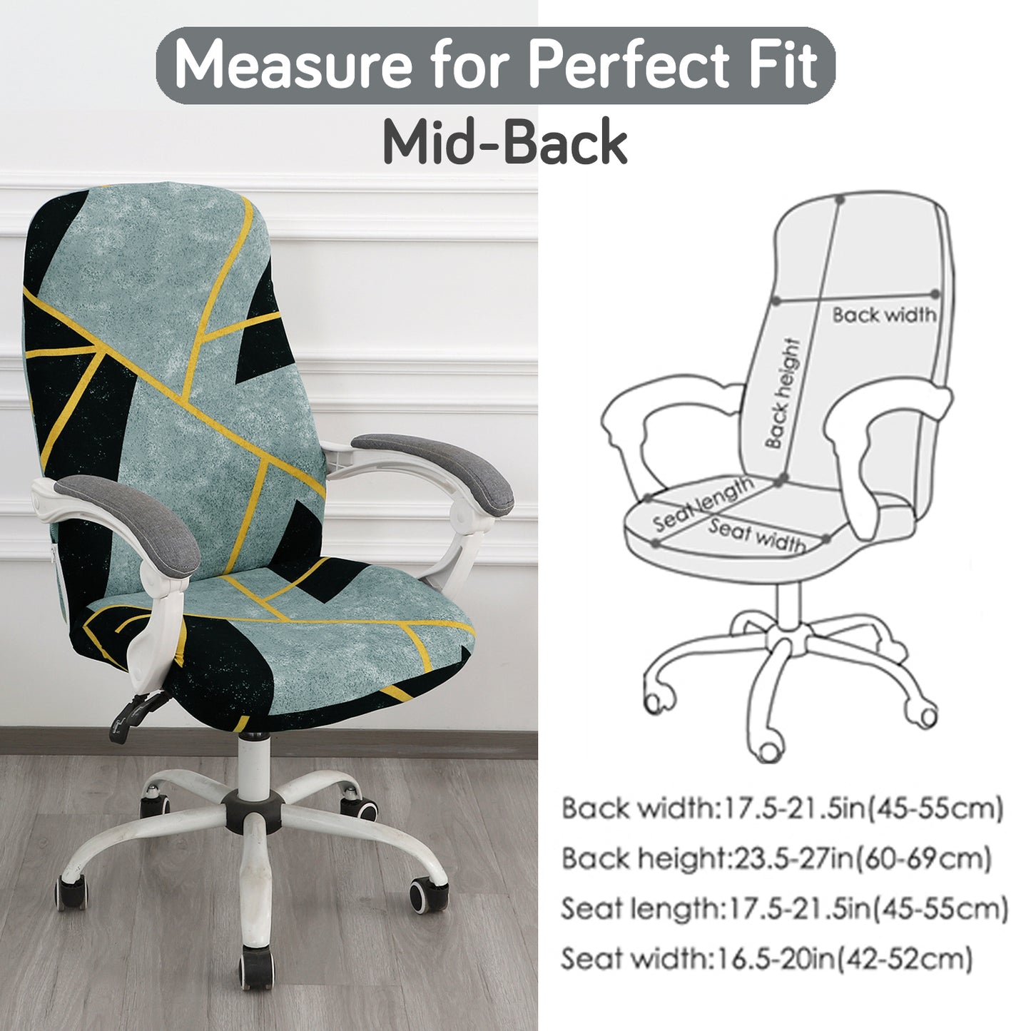 Printed Office Chair Cover for Desk Chair (Mid-Back) – 140 GSM Stretch Fabric – Washable & Anti-Slip – Fits Mid-Back Office Chairs, Multicolor Abstract Geometry - Medium