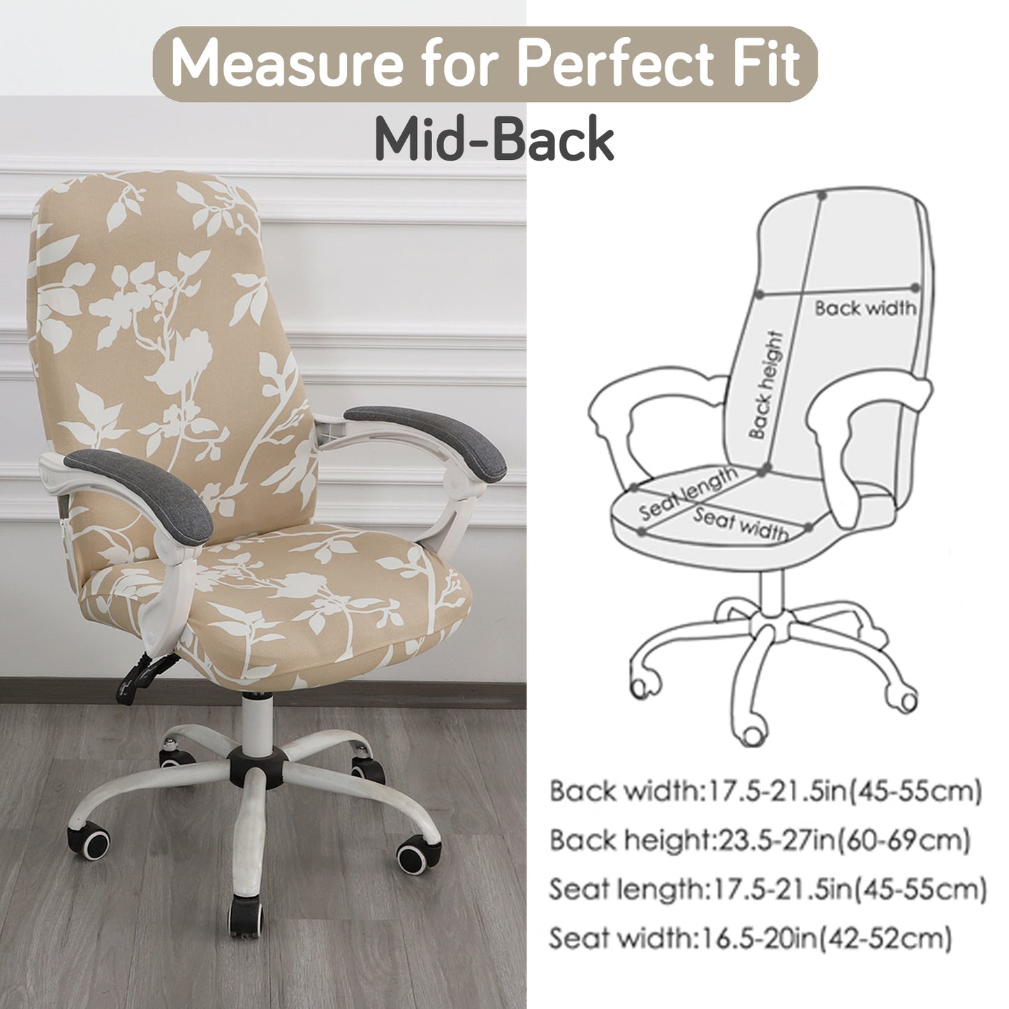 Printed Office Chair Cover for Desk Chair (Mid-Back) – 140 GSM Stretch Fabric – Durable & Anti-Slip – Fits Mid-Back Office Chairs, Buff Brown Sillehoute Floral - Medium