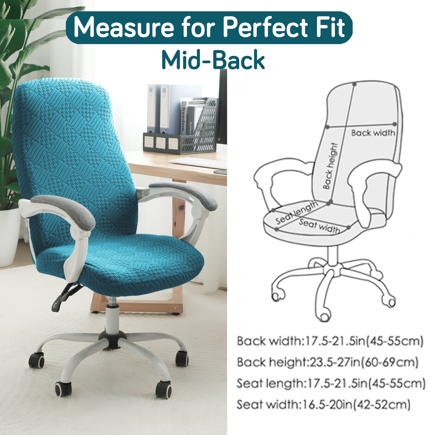 Office Chair Cover for Desk Chair (Mid-Back) – 170 GSM Stretch Jacquard – Washable, Durable & Anti-Slip – Fits Mid-Back Office Chairs, Turquoise