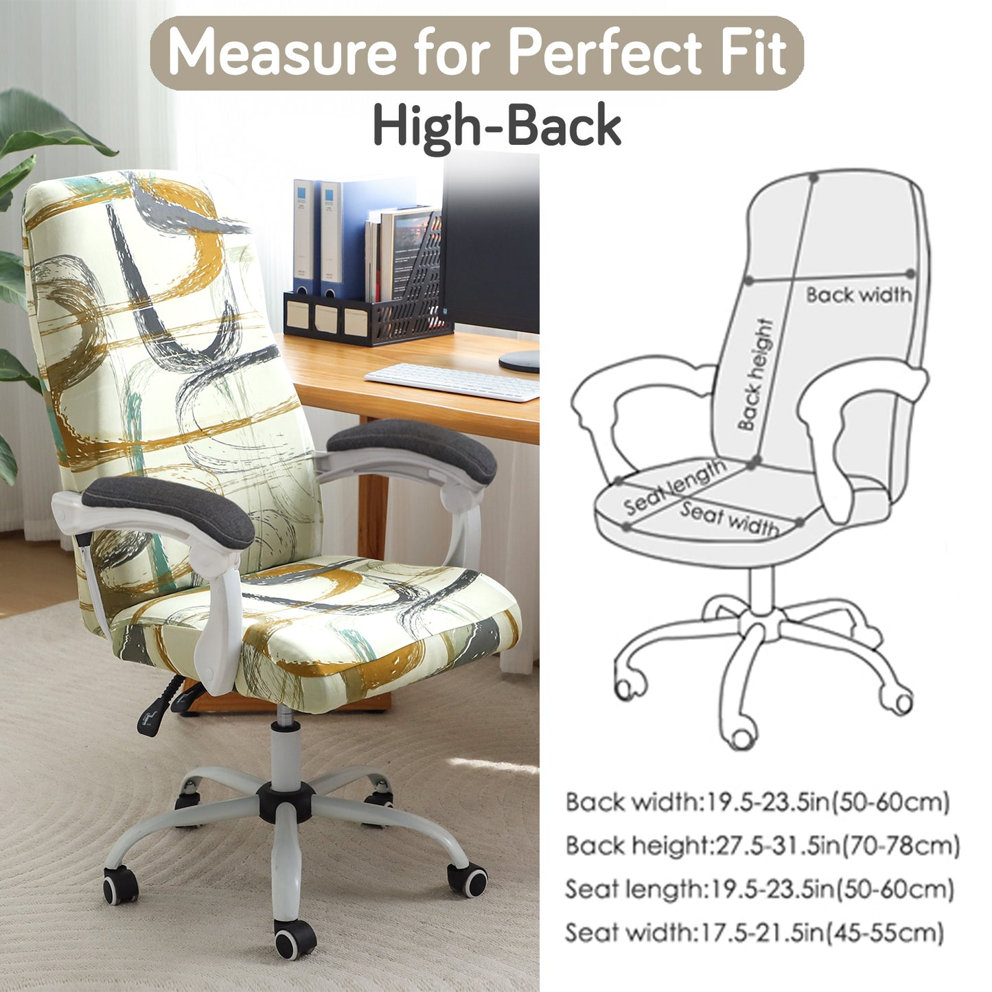 Printed Office Chair Cover for Executive Chair (High-Back) – 140 GSM Stretchable Fabric – Washable & Anti-Slip – Fits Big & Tall Office Chairs, Parchement Beige Abstract Art