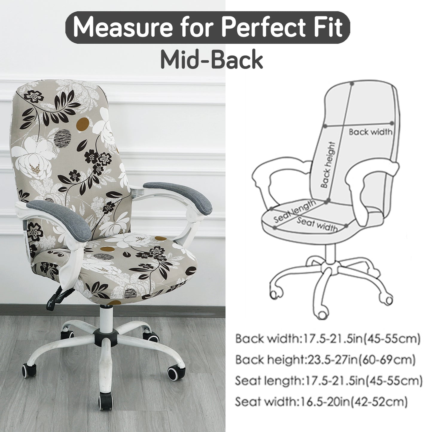 Printed Office Chair Cover for Desk Chair (Mid-Back) – 140 GSM Stretch Fabric – Washable, Durable & Anti-Slip – Fits Mid-Back Office Chairs, Feather Brown Floral - Medium