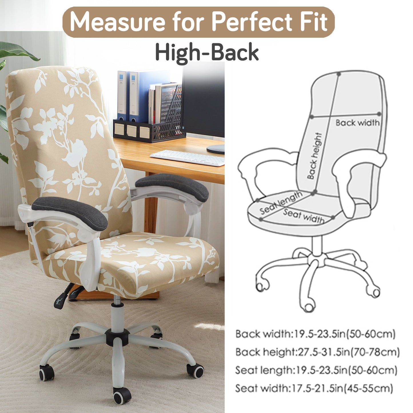 Printed Office Chair Cover for Executive Chair (High-Back) – 140 GSM Stretchable Fabric – Washable & Anti-Slip – Fits Big & Tall Office Chairs, Buff Brown Sillehoute Floral