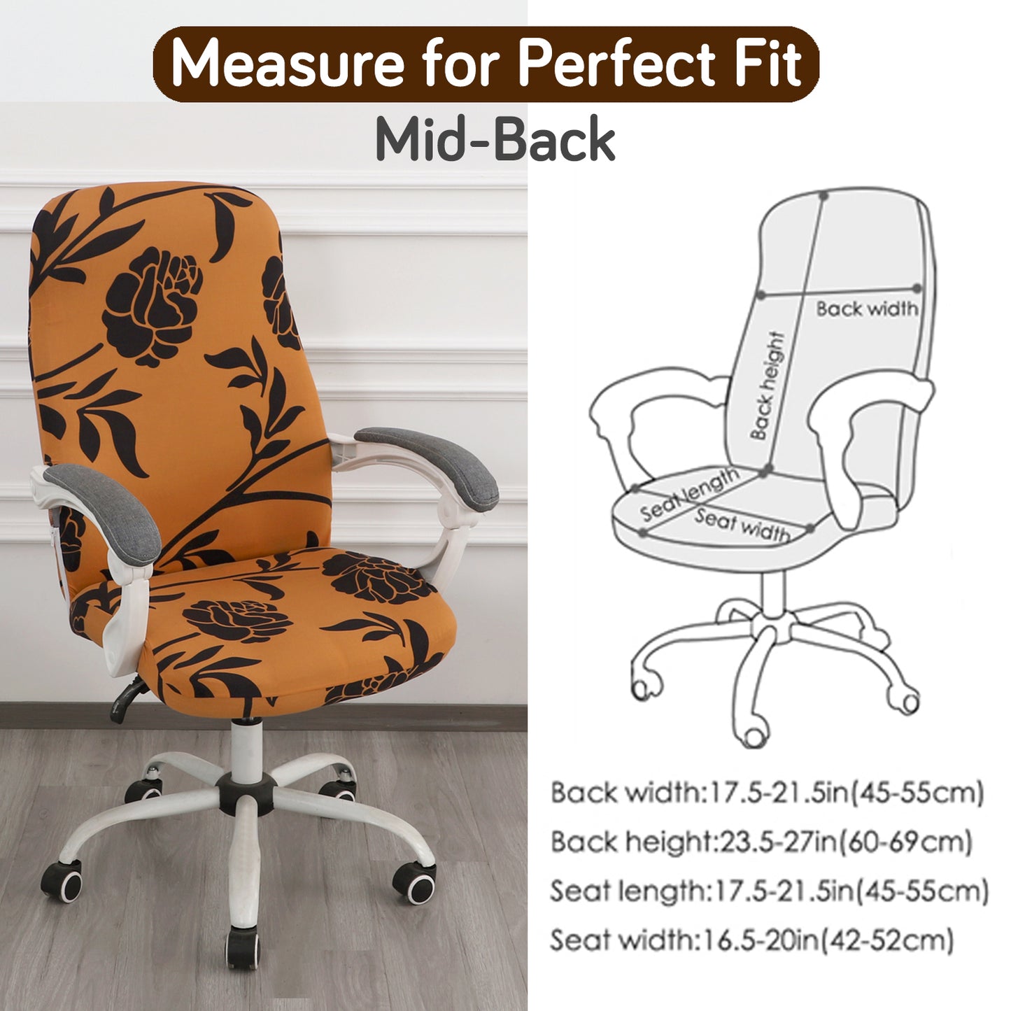 Printed Office Chair Cover for Desk Chair (Mid-Back) – 140 GSM Stretch Fabric – Durable & Anti-Slip – Fits Mid-Back Office Chairs, Copper Brown Floral - Medium