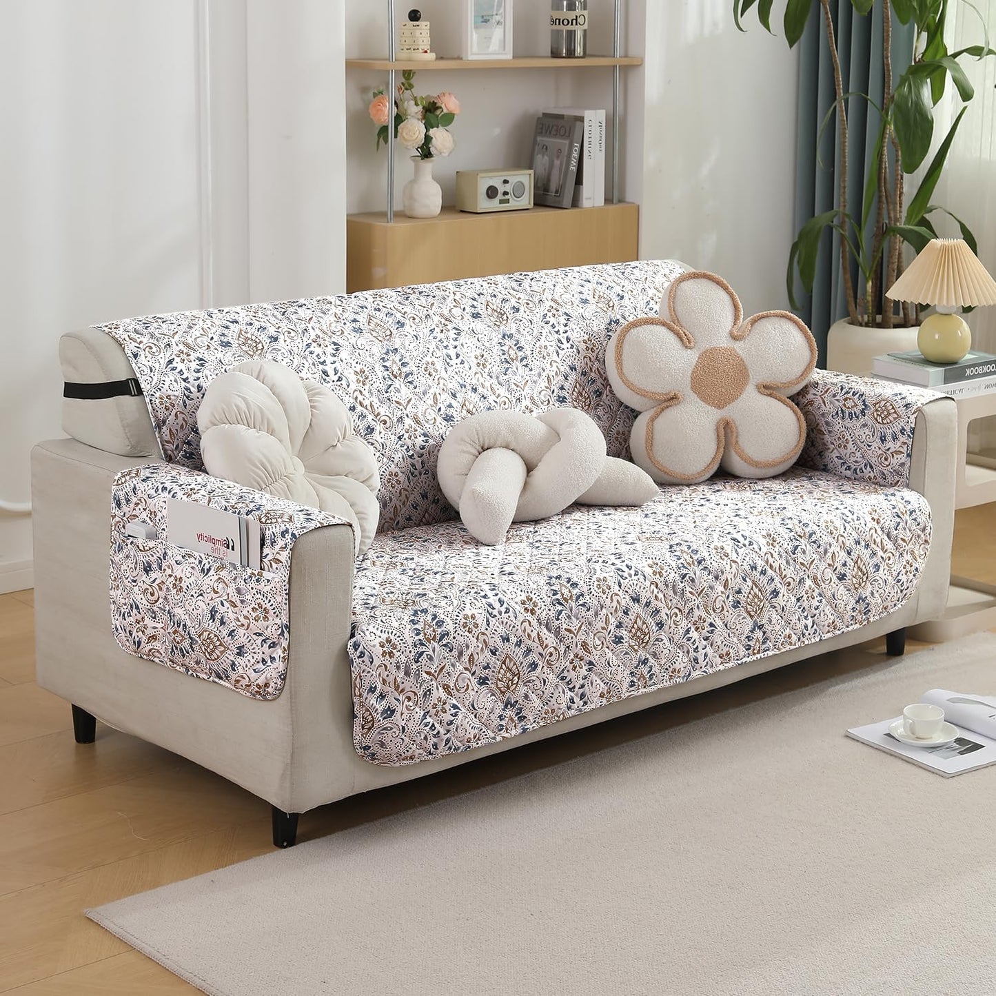 Quilted Waterproof Sofa Cover Mat with Pockets on Armrest Cover -Damask White