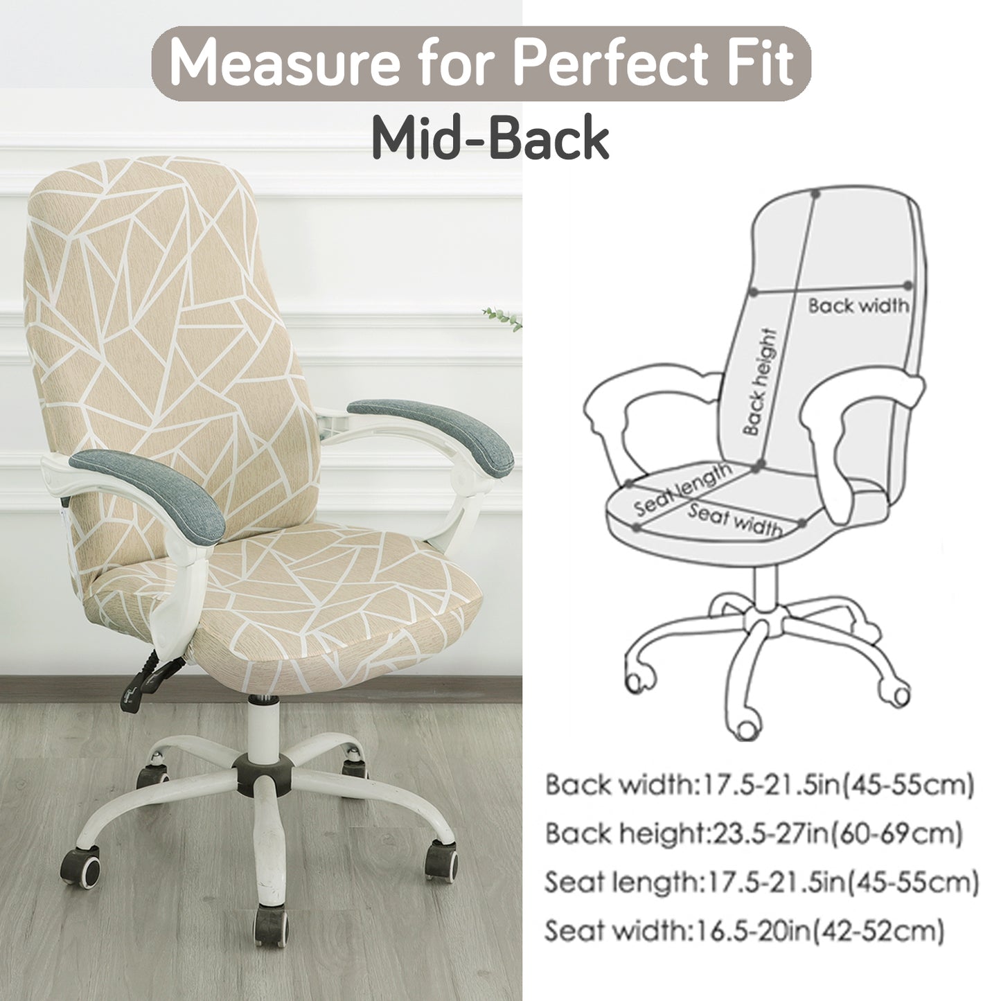 Printed Office Chair Cover for Desk Chair (Mid-Back) – 140 GSM Stretch Fabric – Washable, Durable & Anti-Slip – Fits Mid-Back Office Chairs, Beige Abstract Geometry - Medium
