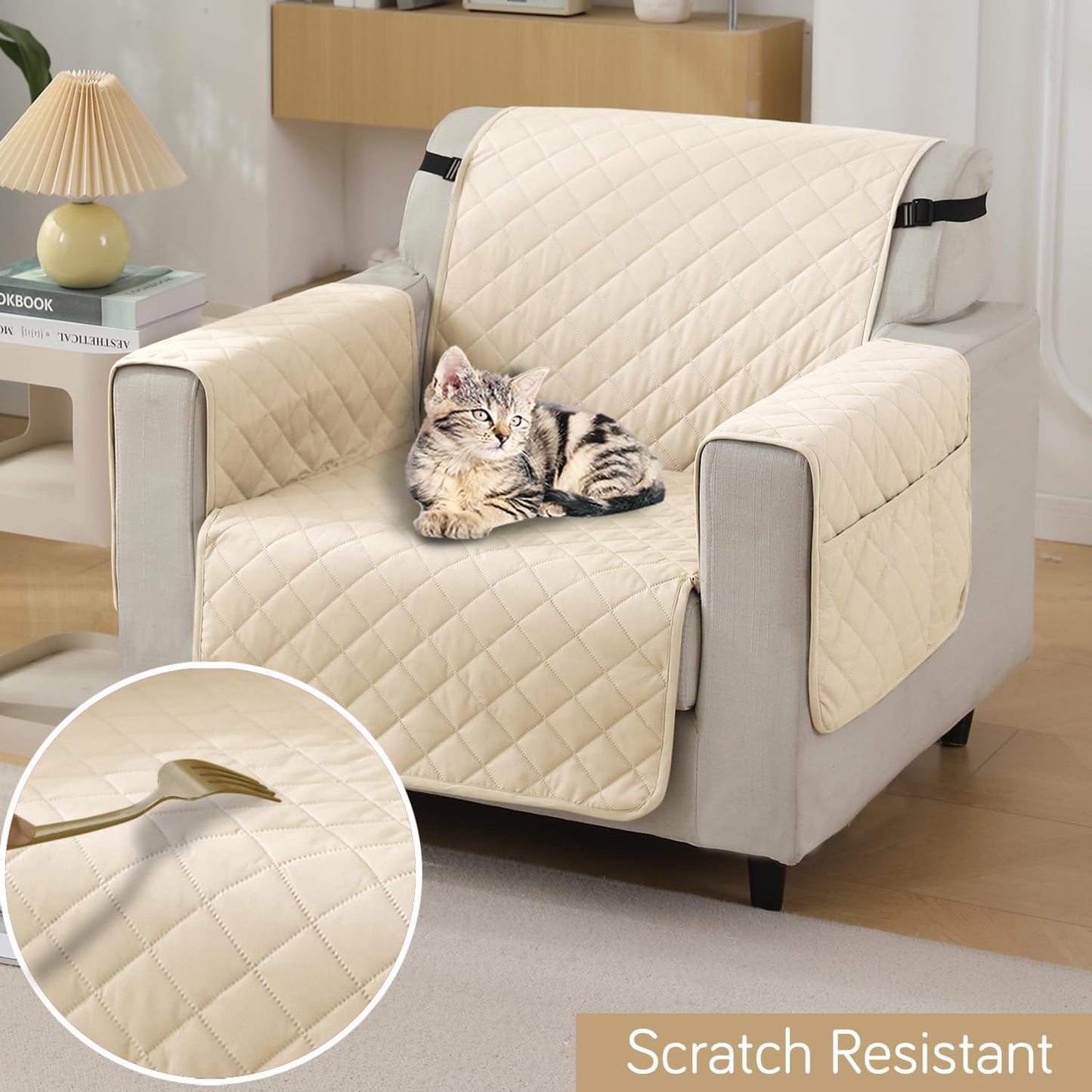 Quilted Waterproof Sofa Cover Mat with Pockets on Armrest Cover - Cream