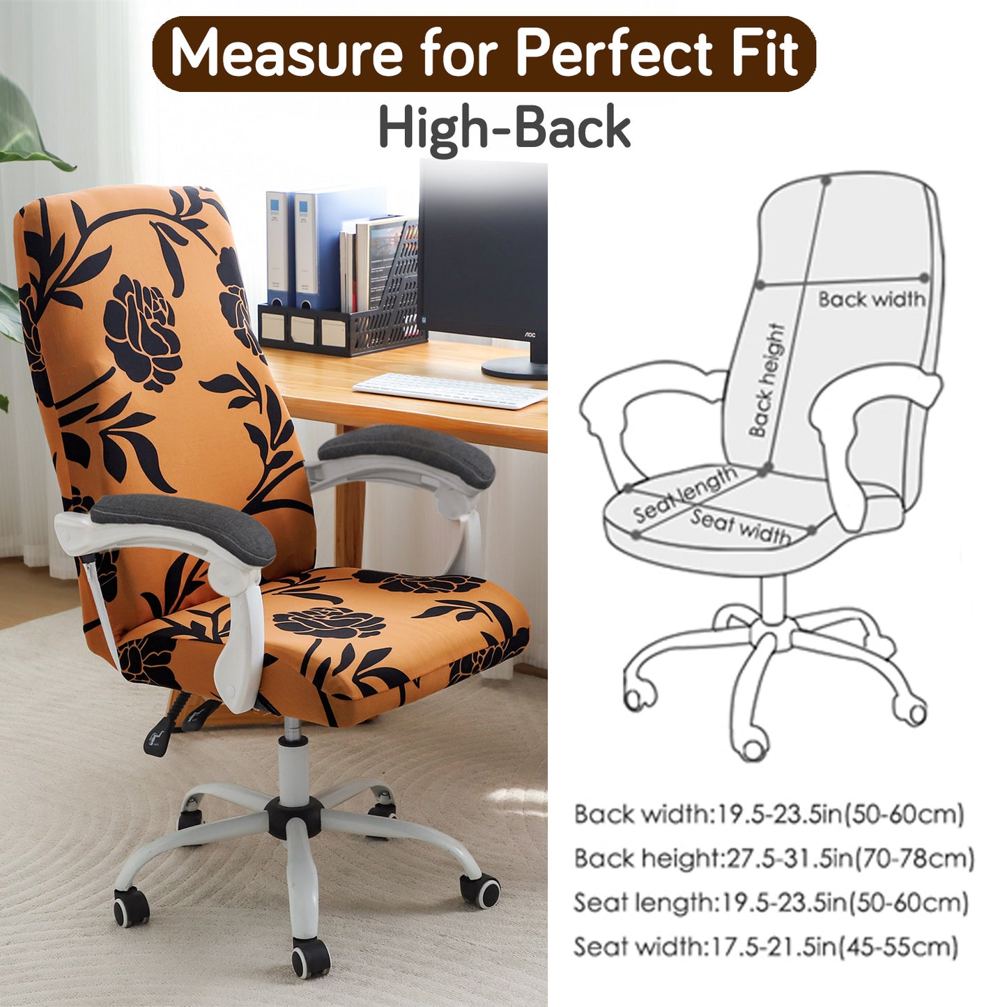 Printed Office Chair Cover for Executive Chair (High-Back) – 140 GSM Stretchable Fabric – Washable & Anti-Slip – Fits Big & Tall Office Chairs, Copper Brown Floral
