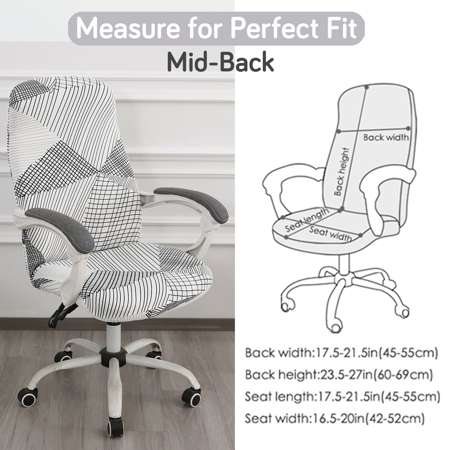 Printed Office Chair Cover for Desk Chair (Mid-Back) – 140 GSM Stretch Fabric – Washable, Durable & Anti-Slip – Fits Mid-Back Office Chairs, Snow White Black Geometry - Medium