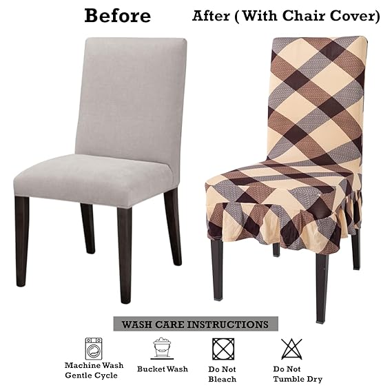 Elastic Stretchable Dining Chair Cover with Frill, Beige Checks