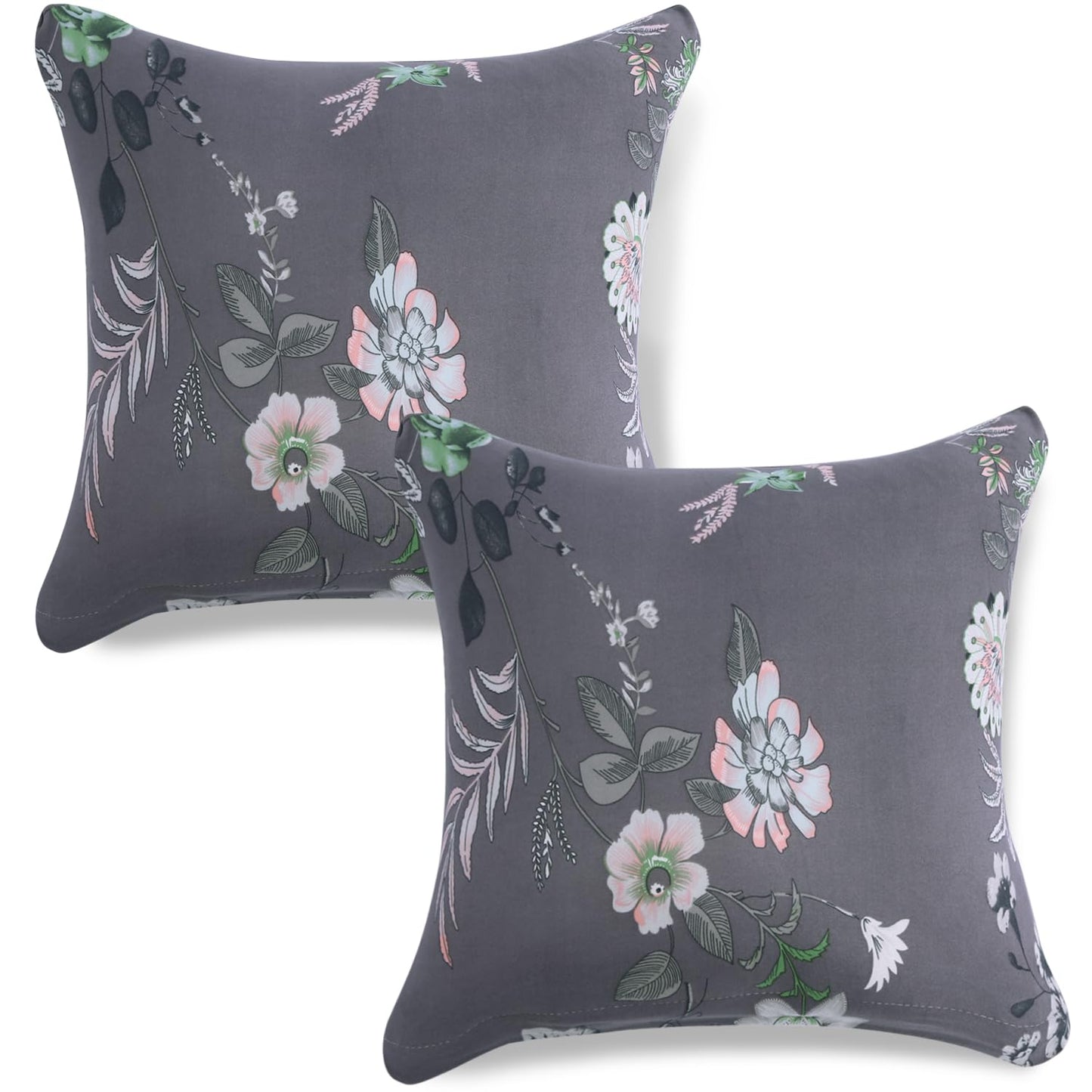 HOKIPO Stretchable Pack of 2 Cushion Cover 16x16, Bentonite Grey Budding Florals