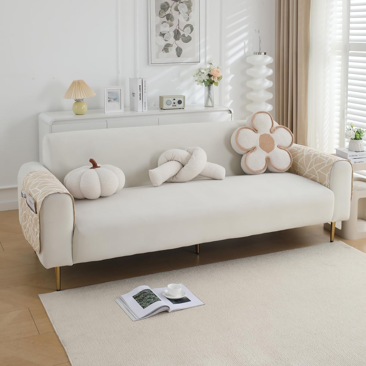 HOKIPO Water Repellent & Waterproof Sofa Armrest Covers with Pockets (Set of 2) - Beige Abstract Geometry