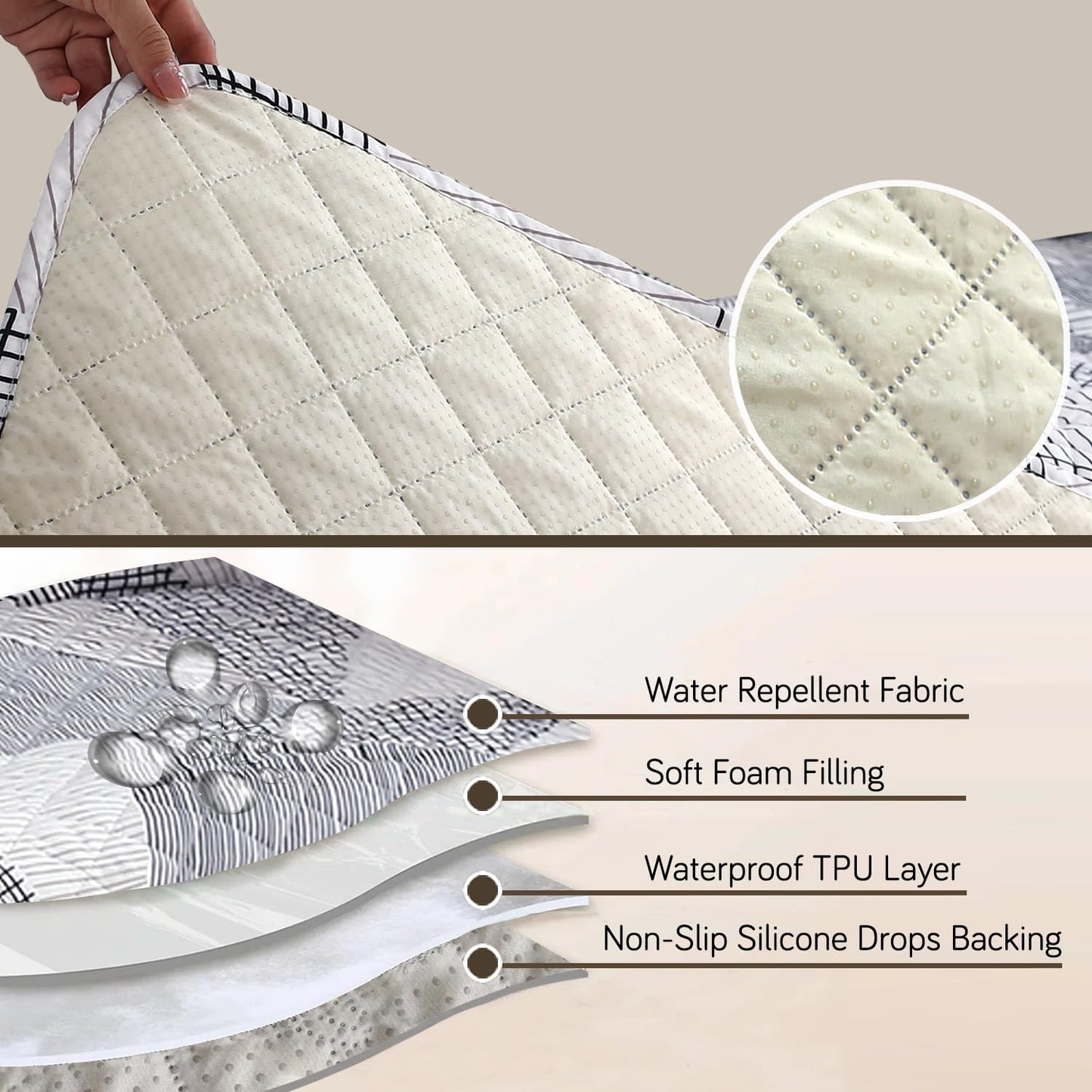 Waterproof Printed Quilted Quick Dry L Shape Sofa Seat Cover Mat, Snow White Black Geometry