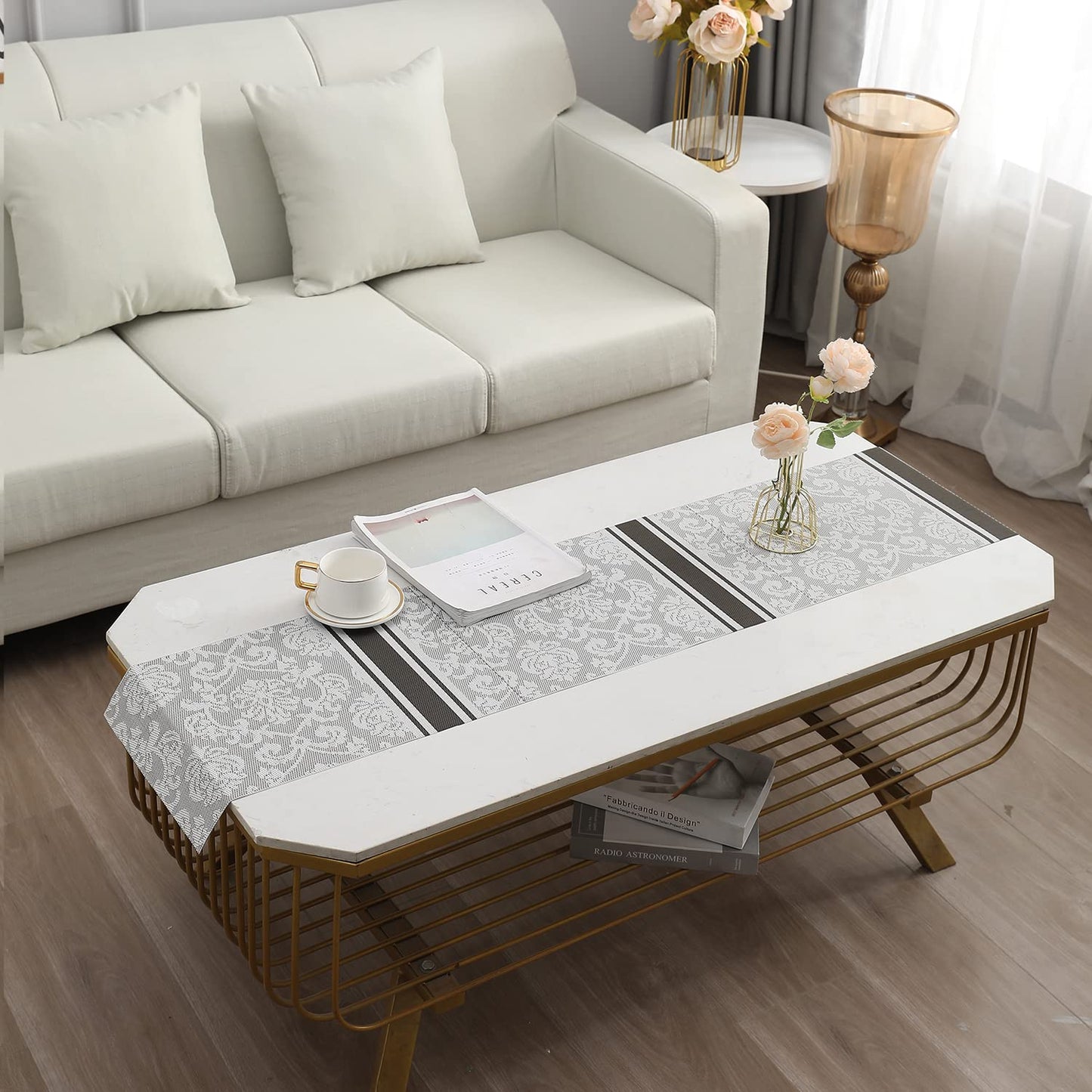 PVC Table Runner Dinner and Coffee Table, 30x135 cm, Damask Grey