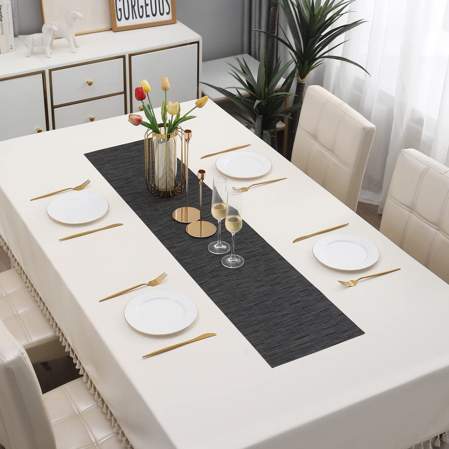 PVC Table Runner for Dinner and Coffee Table, Textured Black