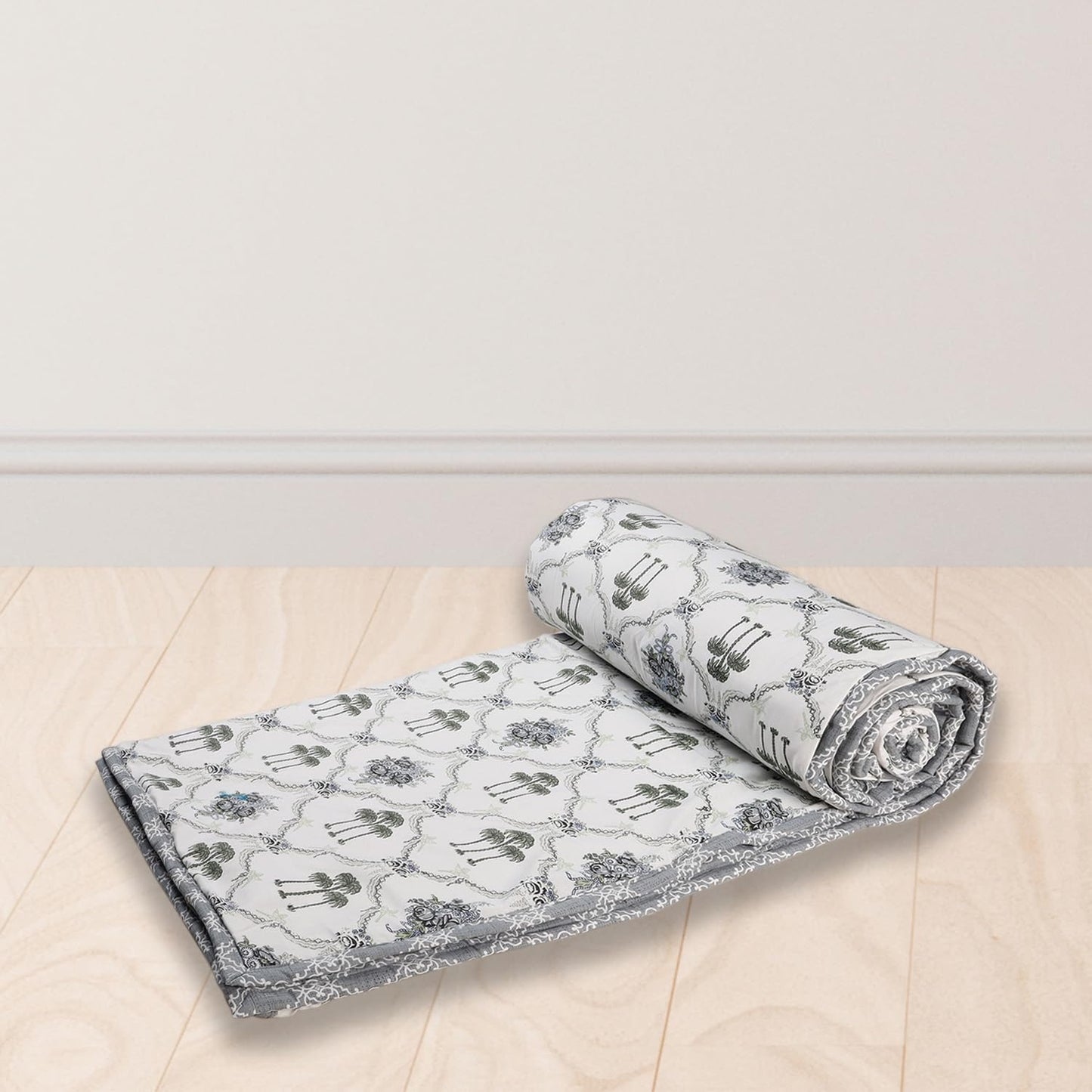 Reversible Cotton Dohar AC Blanket, Oxford Grey Palm Tree