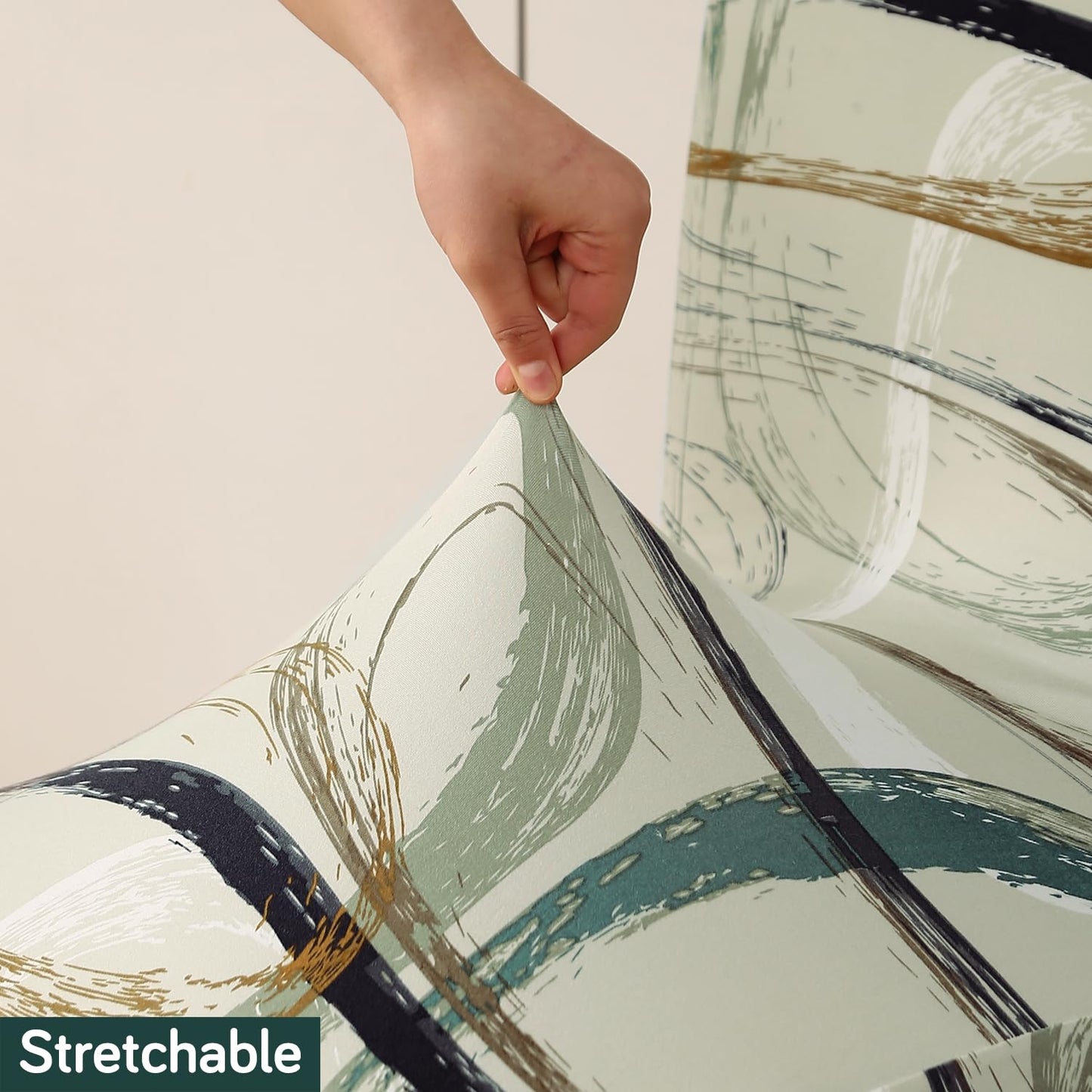 Elastic Dining Chair Covers with Matching Tablecloth, Parchement Beige Abstract Art