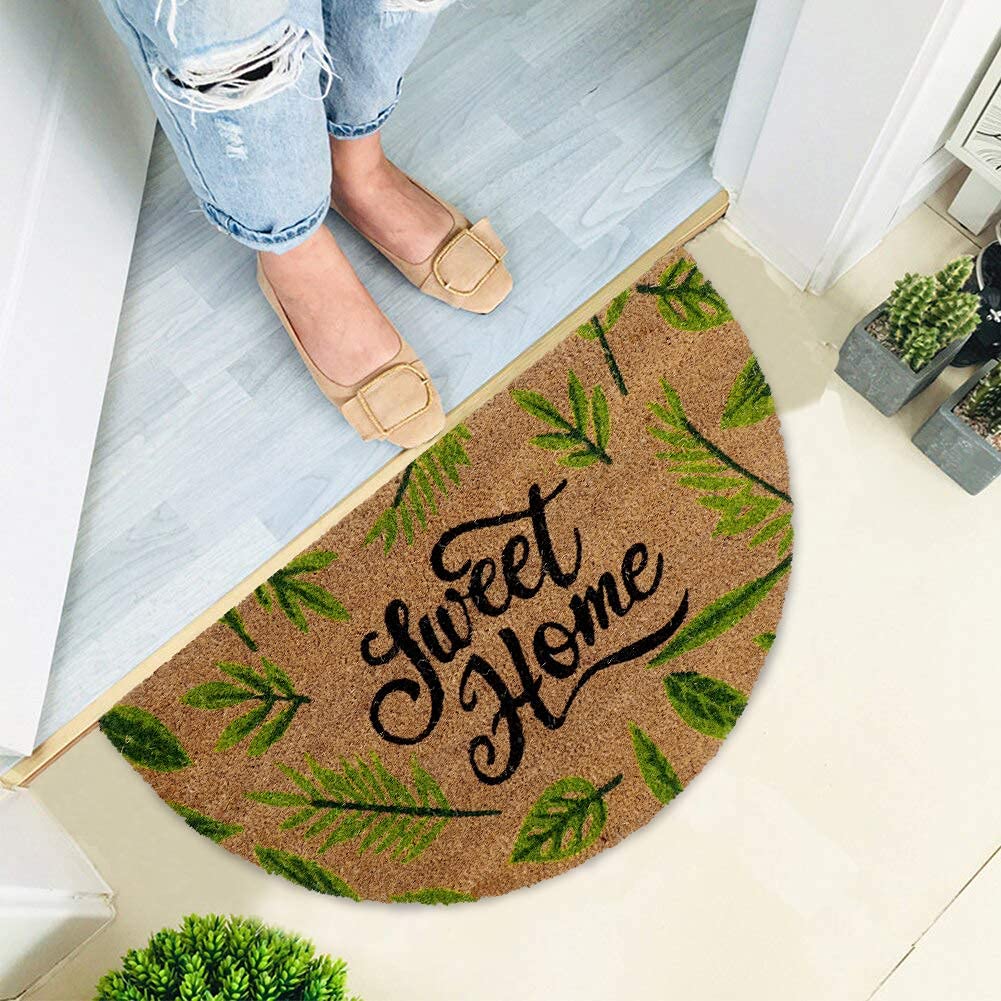 Natural Coconut Coir Mat for Entrance with PVC Backing, Sweet Home (Large 45x75 cm, Green)