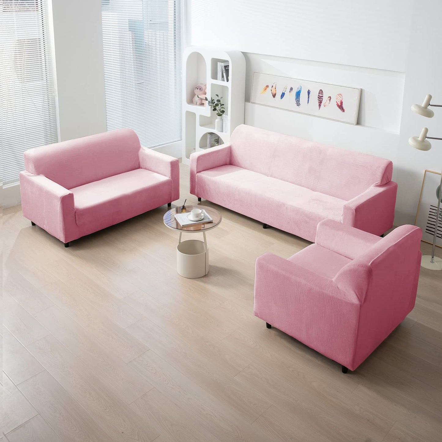 Pink premium elastic velvet sofa cover for 3+2+1 seater sofa set