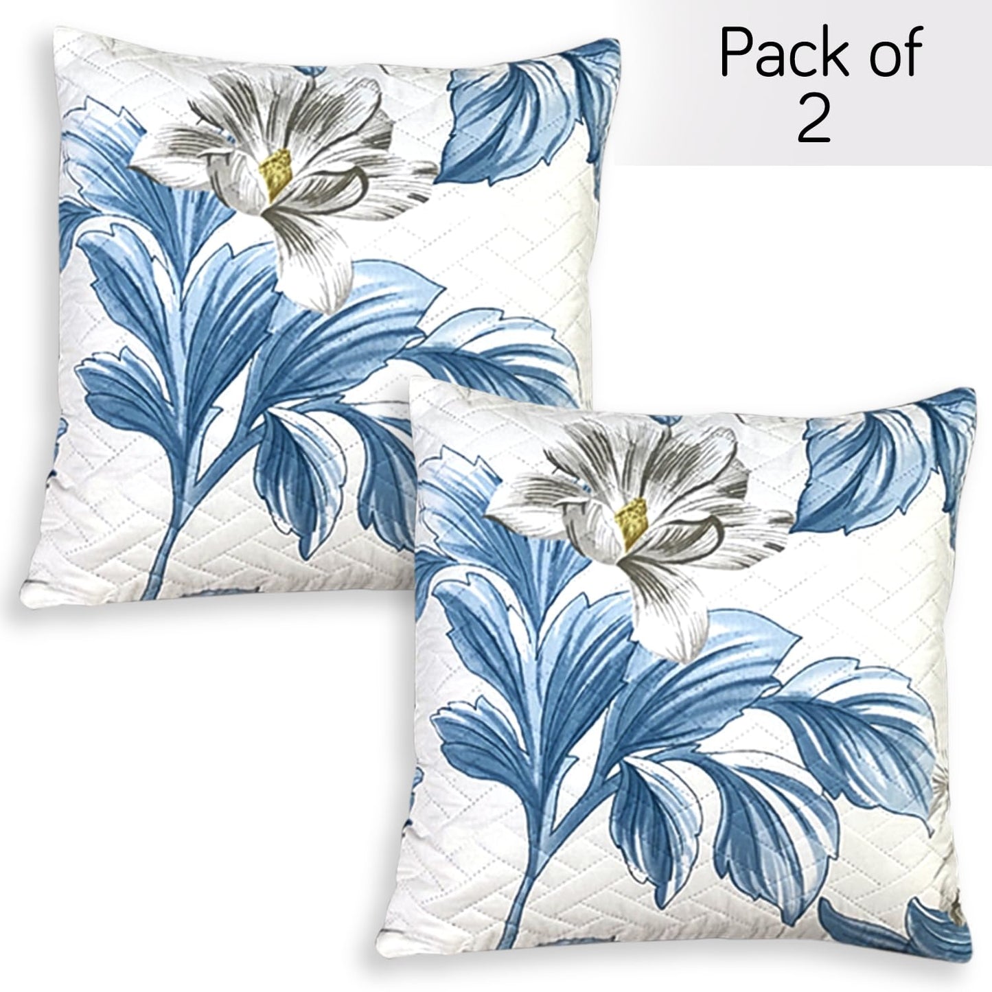 HOKIPO Printed Quilted Sofa Cushion Cover Pack of 2, Celadon Blue Camellia