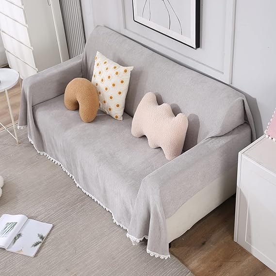 3 seater elegant Grey colour chenille sofa throw of size 180(D)x300(L)