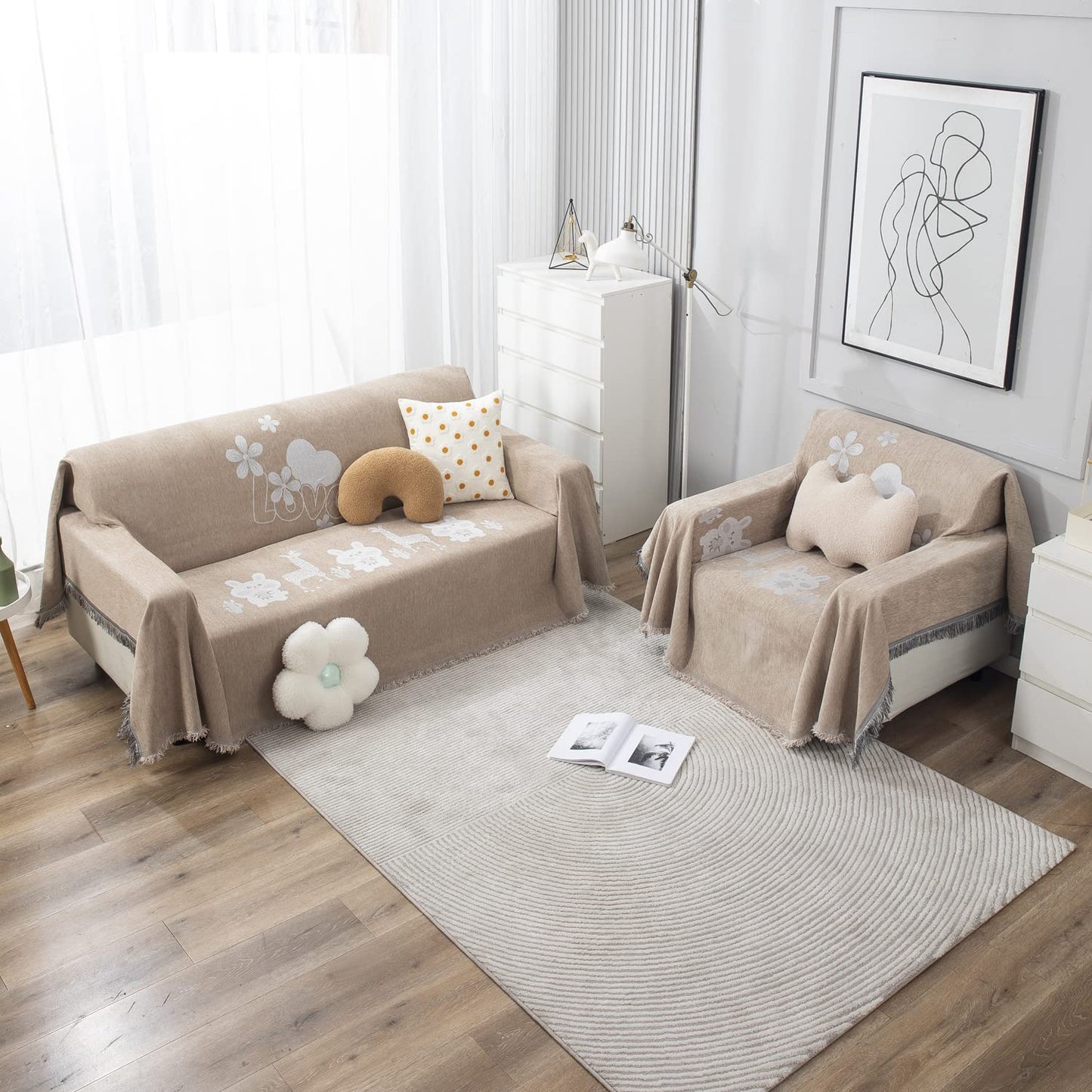 Beige Nature, Soft and Pet Friendly Chenille Sofa Cover Throw