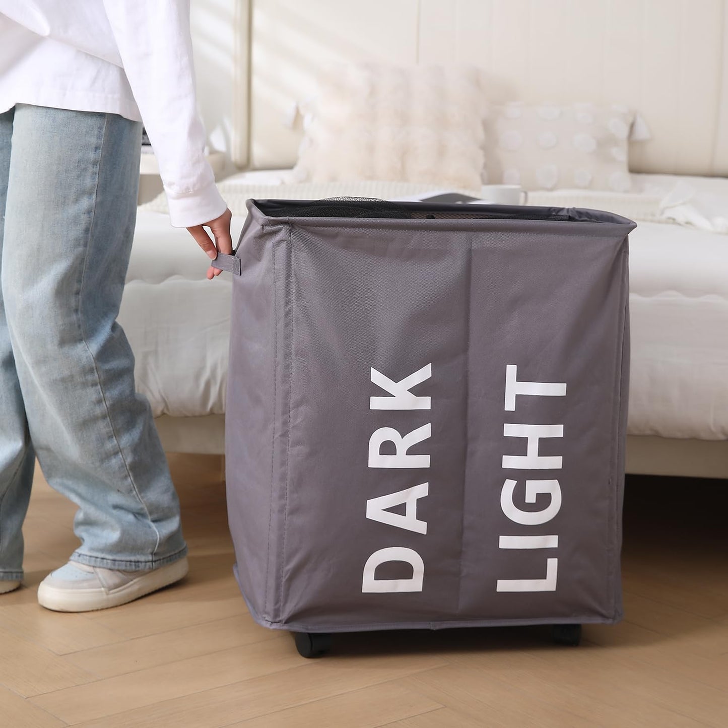 Large Laundry Basket Foldable Hamper With Wheels, Grey