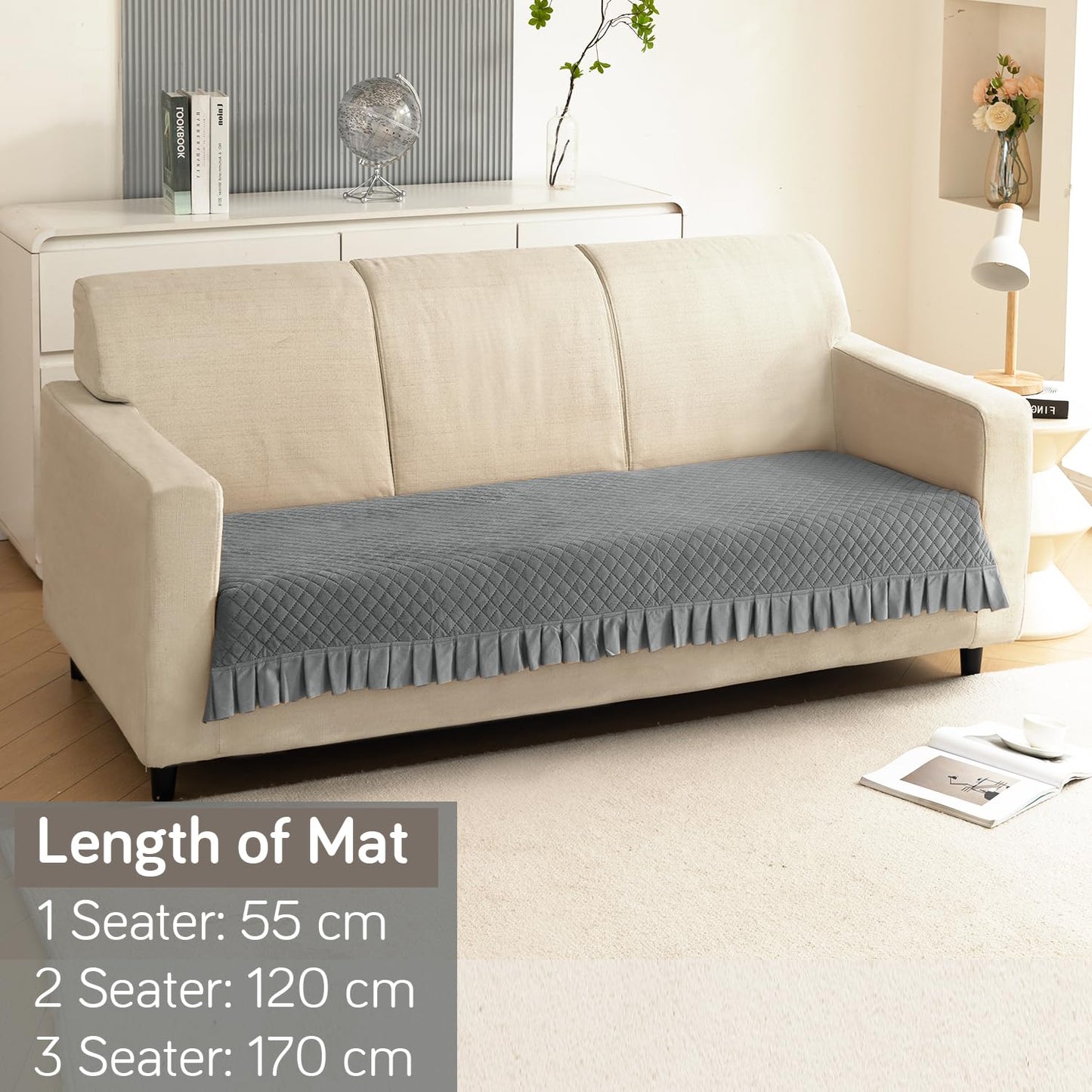 Holland Velvet Sofa Cover Seat Mat with Frill for 1/2/3 - Seater, Grey