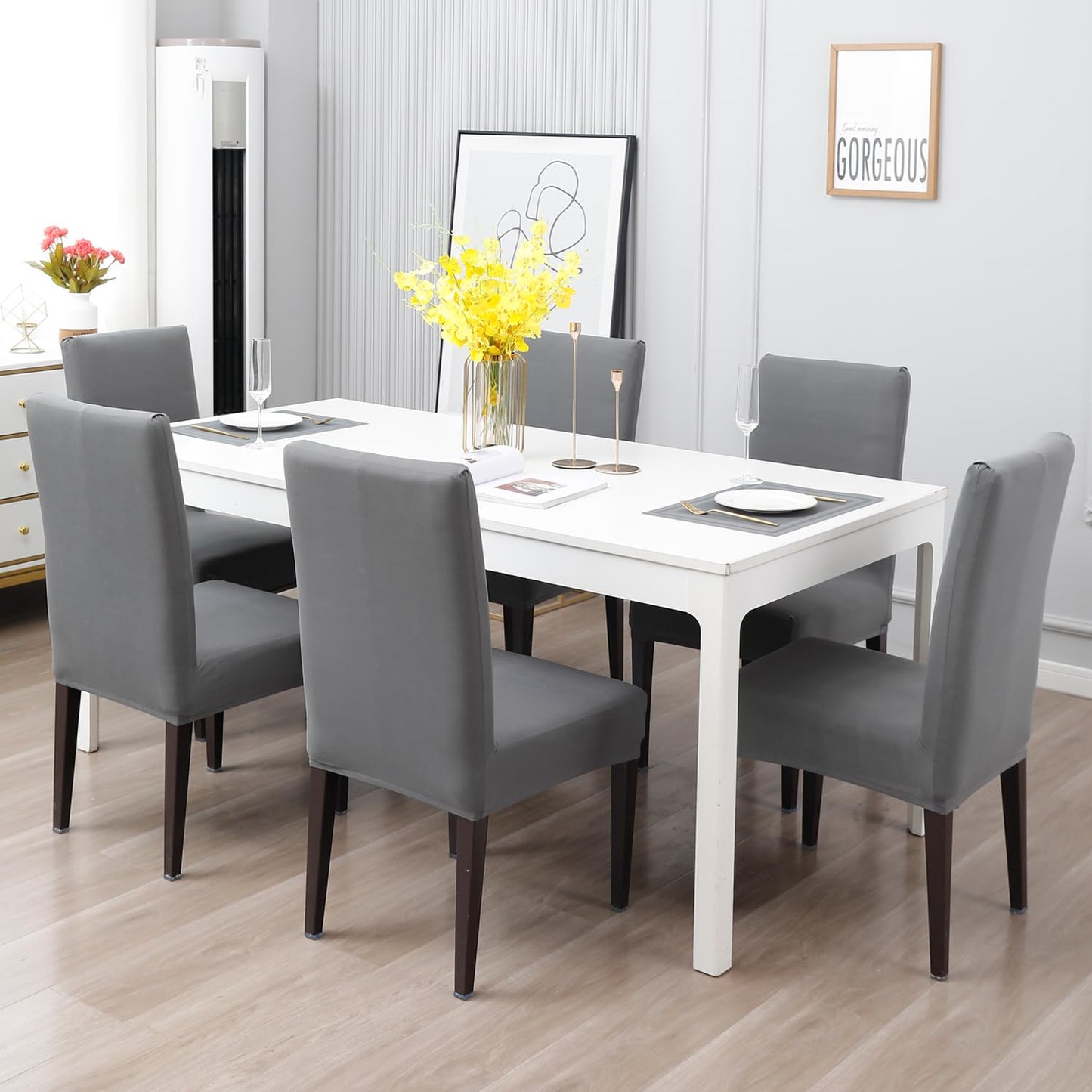 Elastic Stretchable Water Resistant Dining Chair Cover, Light Grey