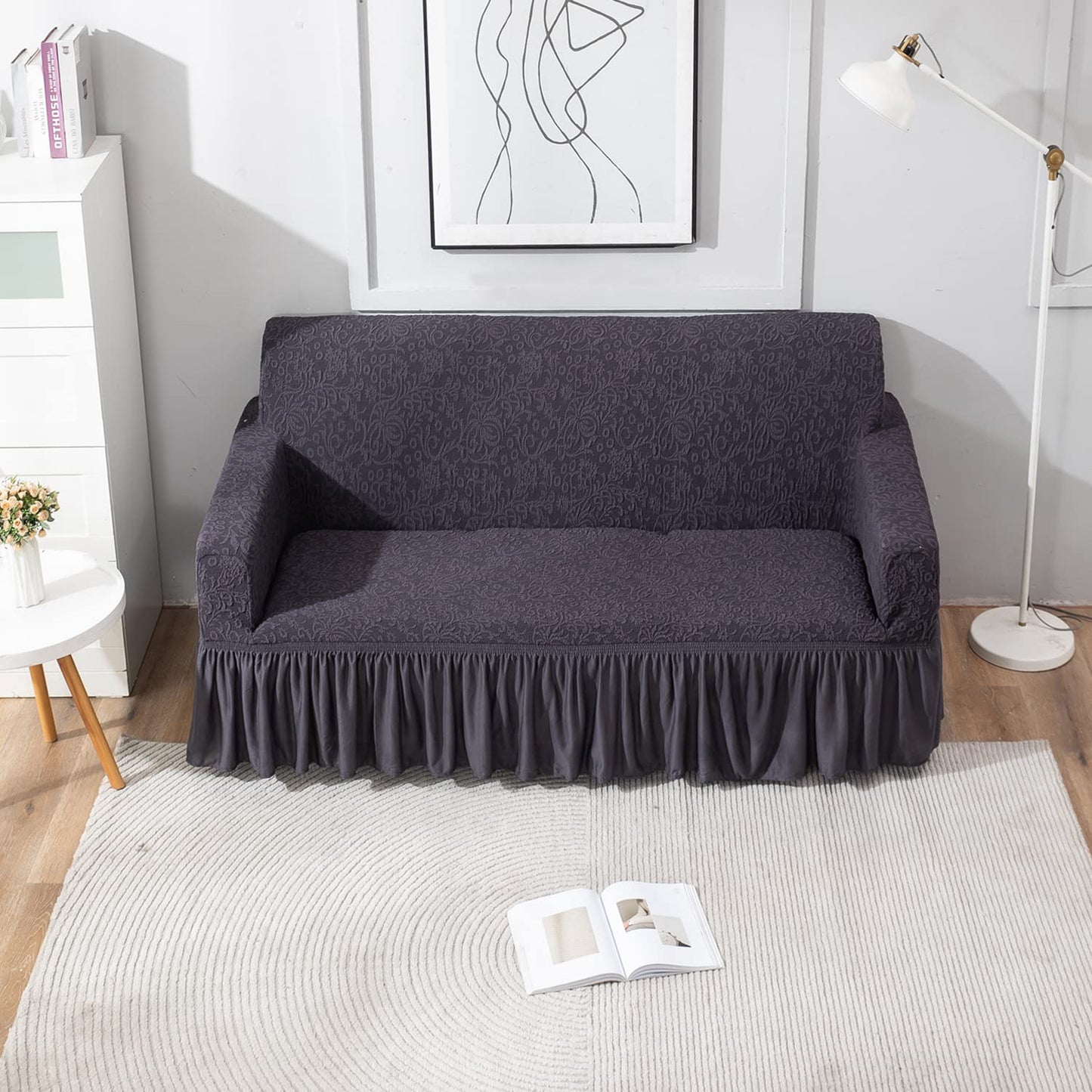 Abbey Grey three seater designer woven jacquard frill sofa cover set