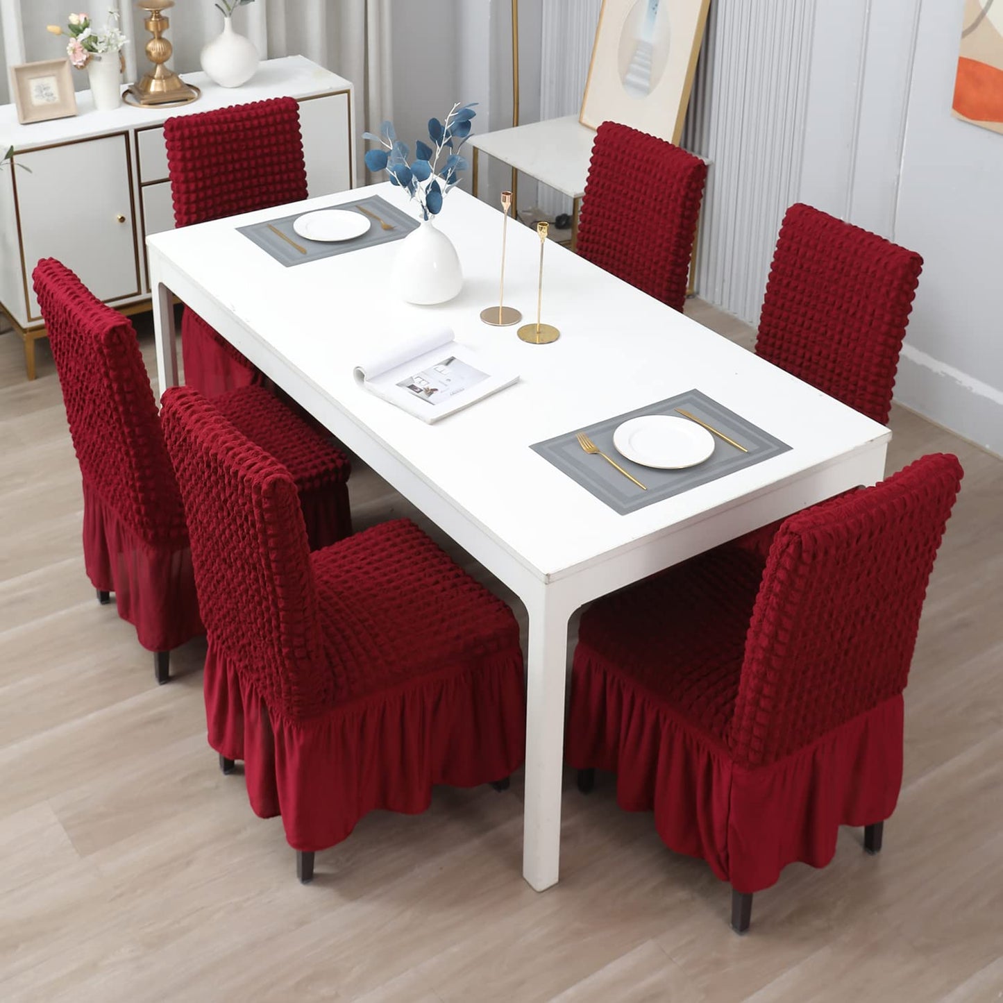 Elastic Stretchable 280 GSM Bubble Dining Chair Cover with Frill, Cherry Red