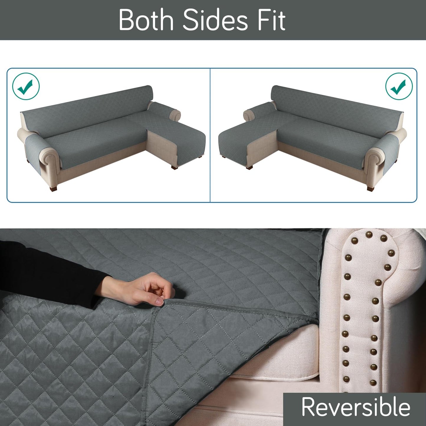 HOKIPO Quilted Reversible One Piece L Shape 4/5/6 Seater Sofa Cover Mat, Dark Grey