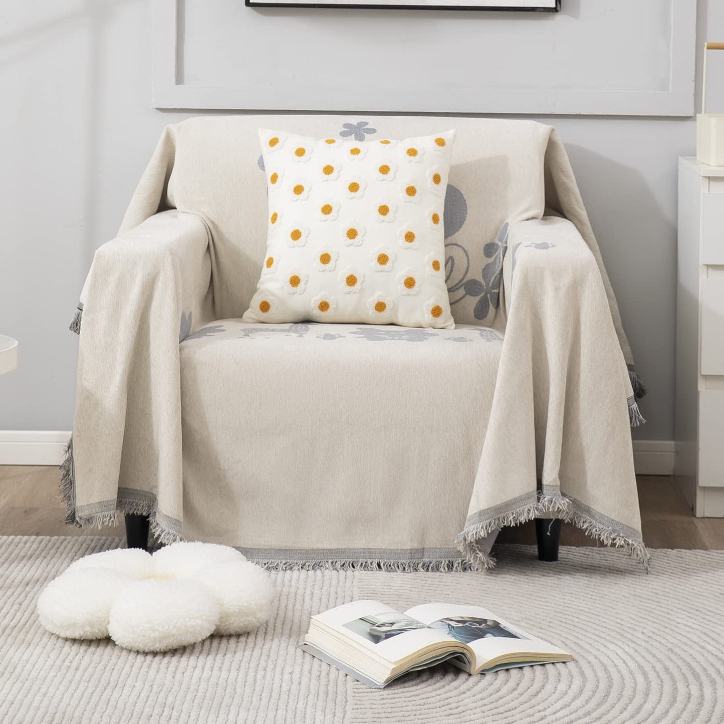 Off-White Nature, Soft and Pet Friendly Chenille Sofa Throw Cover
