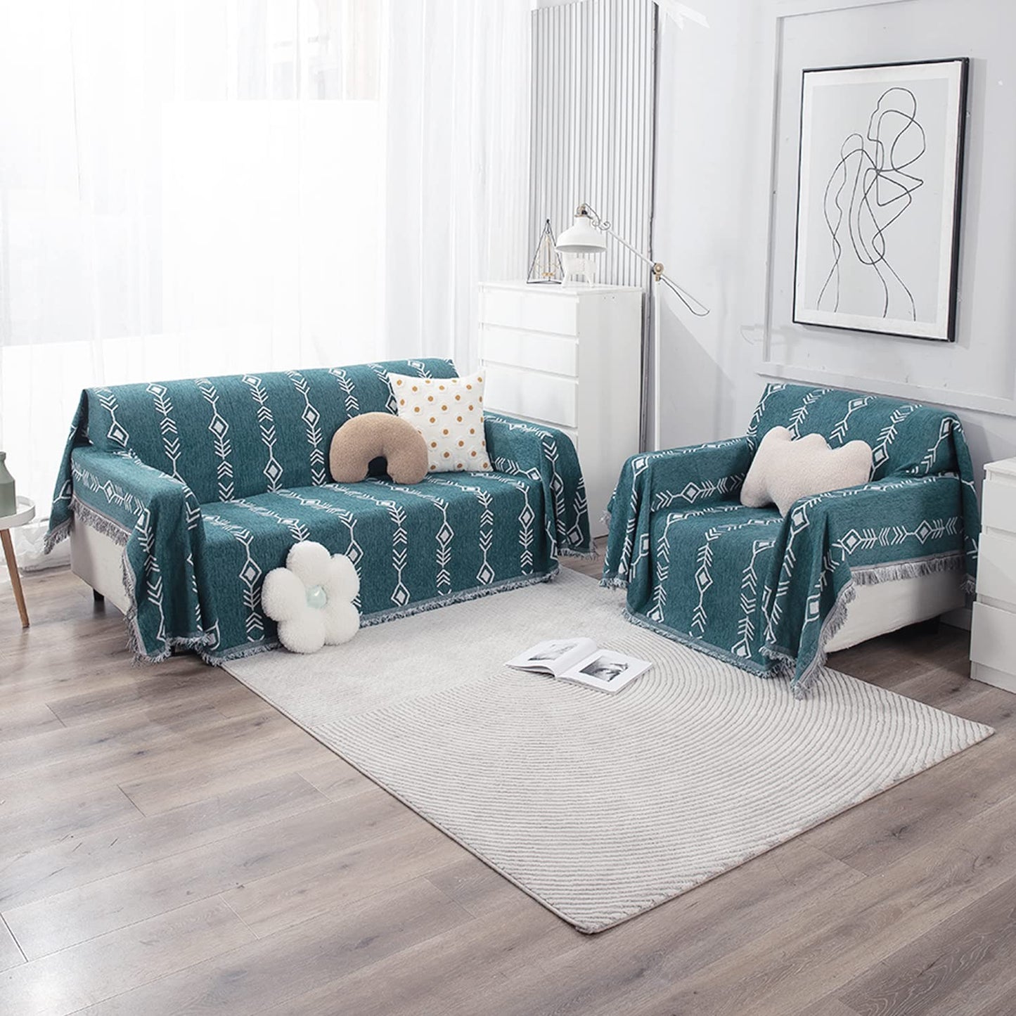 Thick, Soft and Pet Friendly Chenille Sofa Cover Throw, Teal Aztec