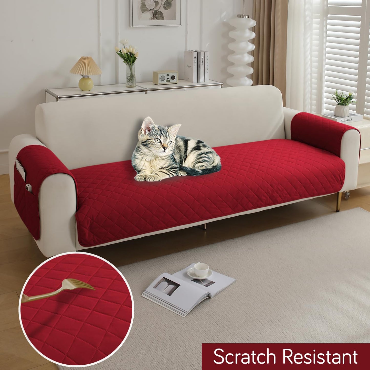 HOKIPO Quilted Waterproof Sofa Seat Mat for 1/2/3 Seater Sofa with 2 Armrest Covers with Pockets, Red