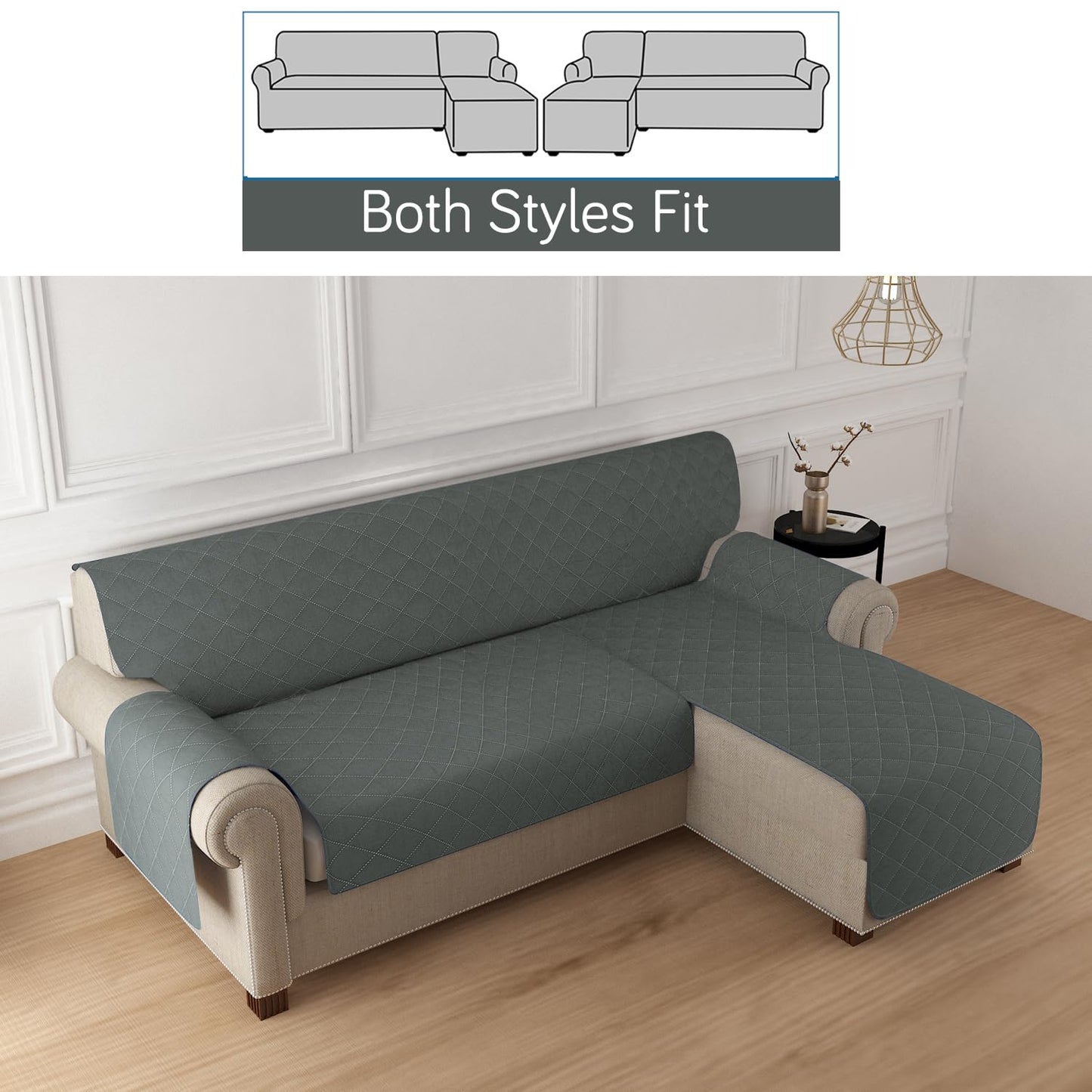 HOKIPO Quilted Reversible One Piece L Shape 4/5/6 Seater Sofa Cover Mat, Dark Grey