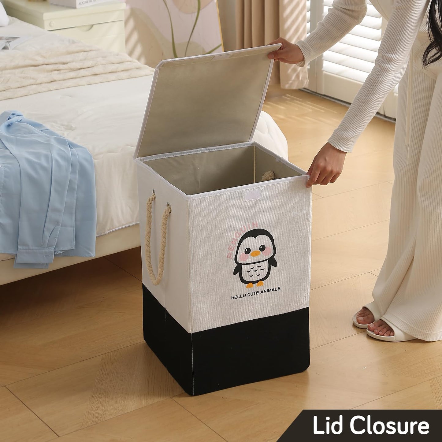 Foldable Laundry Basket for Clothes with Lid, Black - Penguin