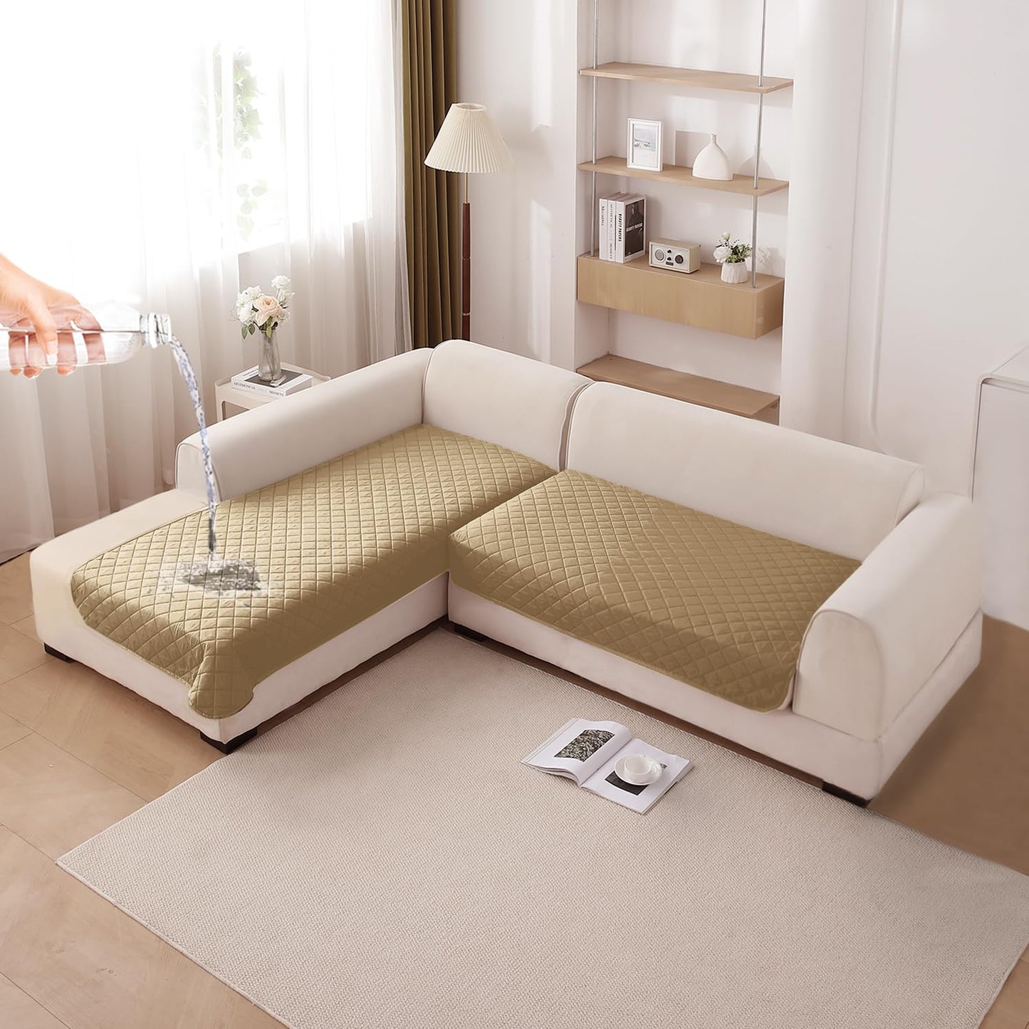 HOKIPO Waterproof Quilted Quick Dry L Shape Sofa Seat Cover Mat, Camel
