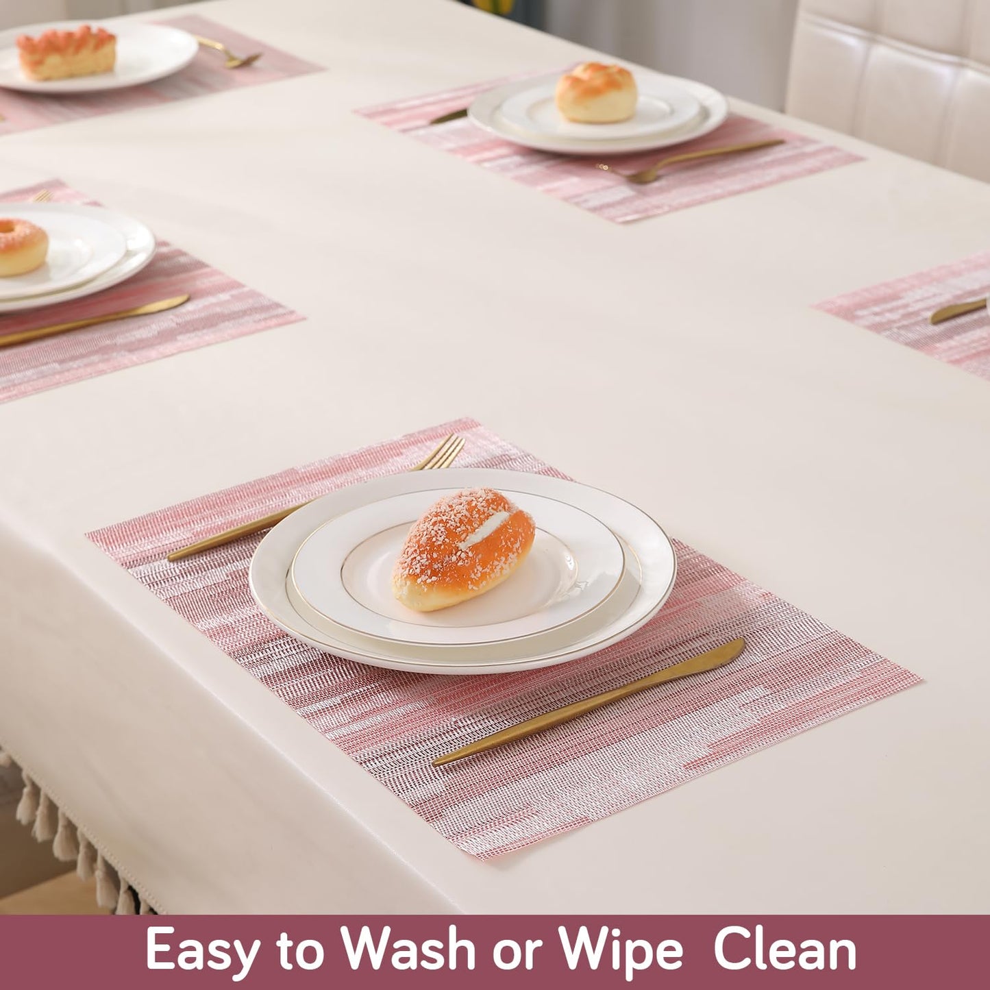 HOKIPO PVC Dining Table Mats and Runner Set of 4/6, Rosemilk Essence Vertical Lines