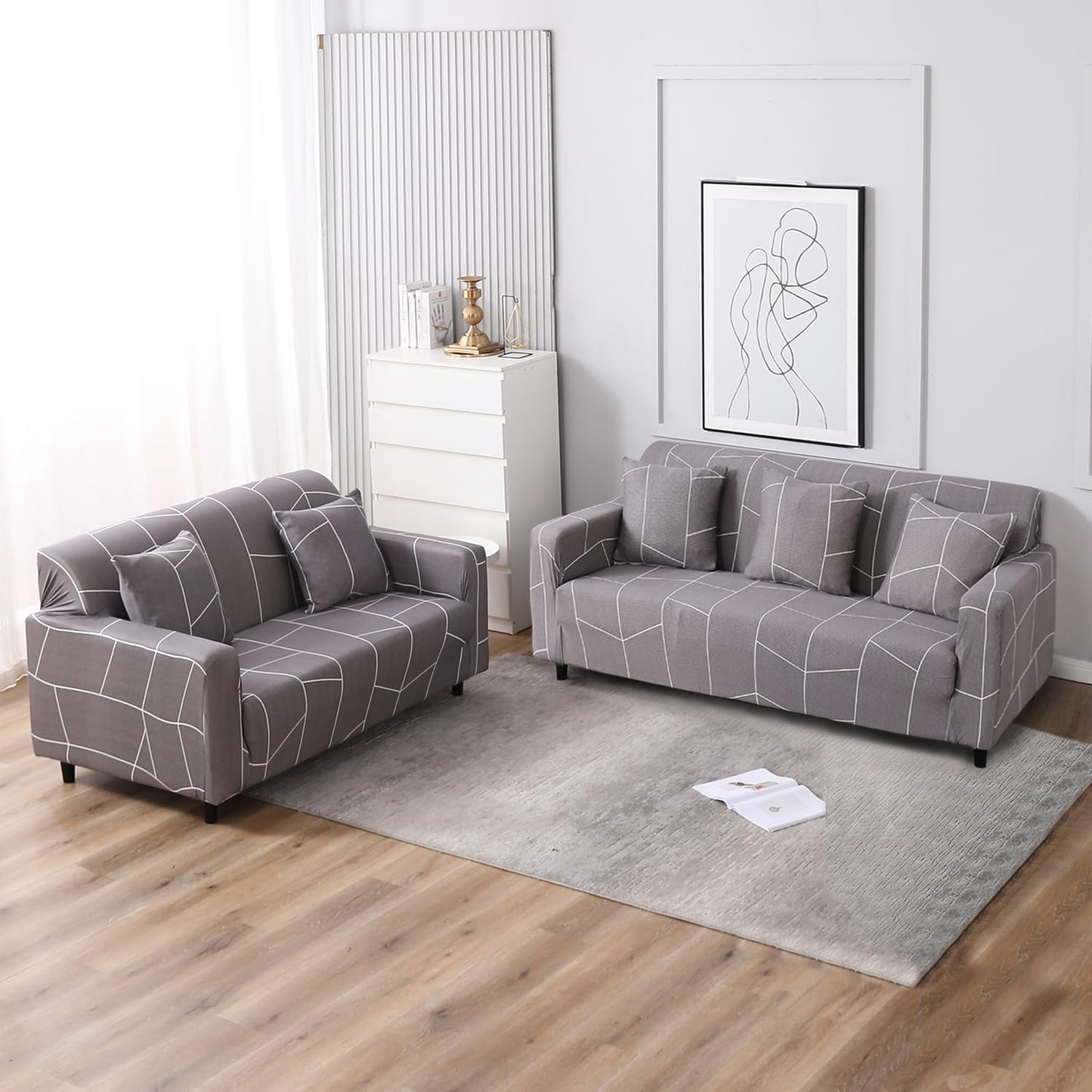 Elastic Stretchable Printed Sofa Cover and Cushion Cover, Ash Grey Abstract