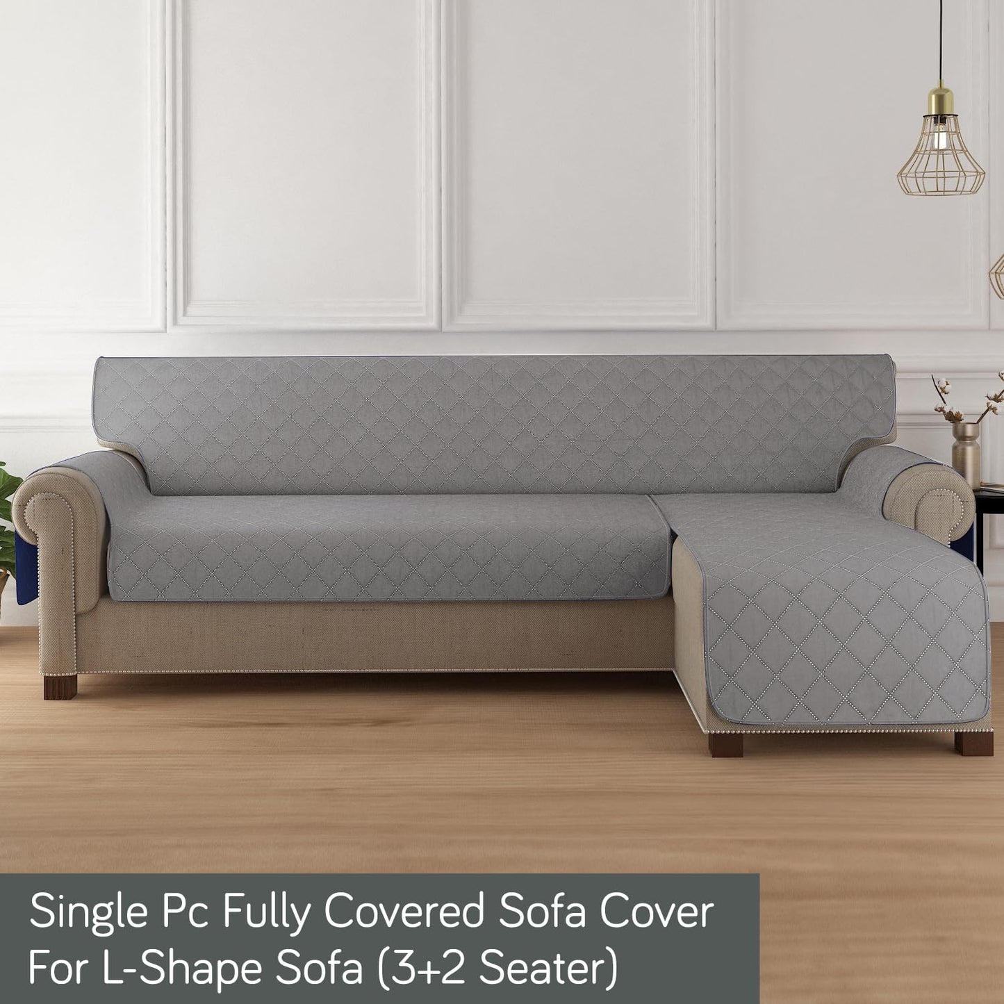 HOKIPO Quilted Reversible One Piece L Shape 4/5/6 Seater Sofa Cover Mat, Light Grey
