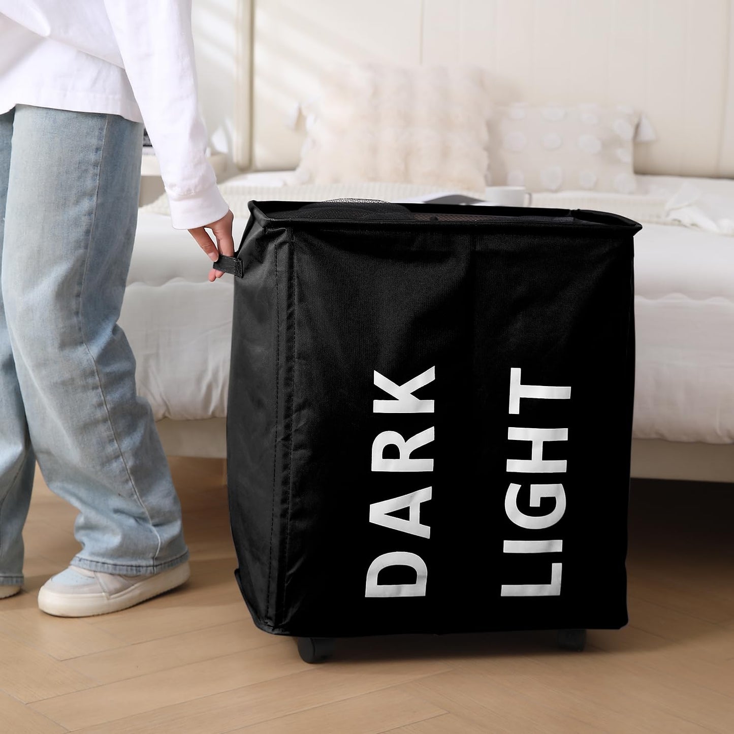 Large Laundry Basket Foldable Hamper With Wheels, Black