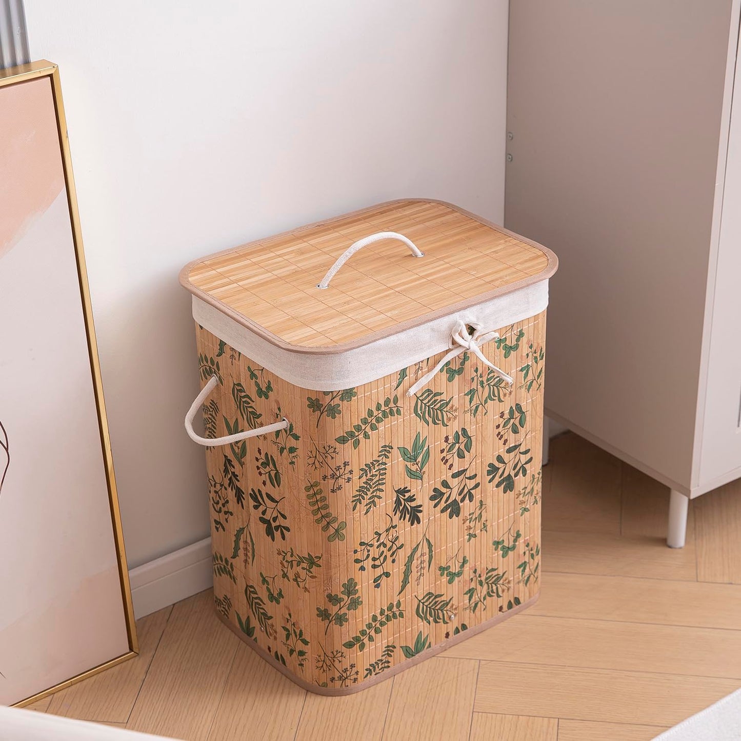 Eco-Friendly Foldable Bamboo Laundry Basket Hamper with Lid, Large - 60 Liter, Fern Leaves