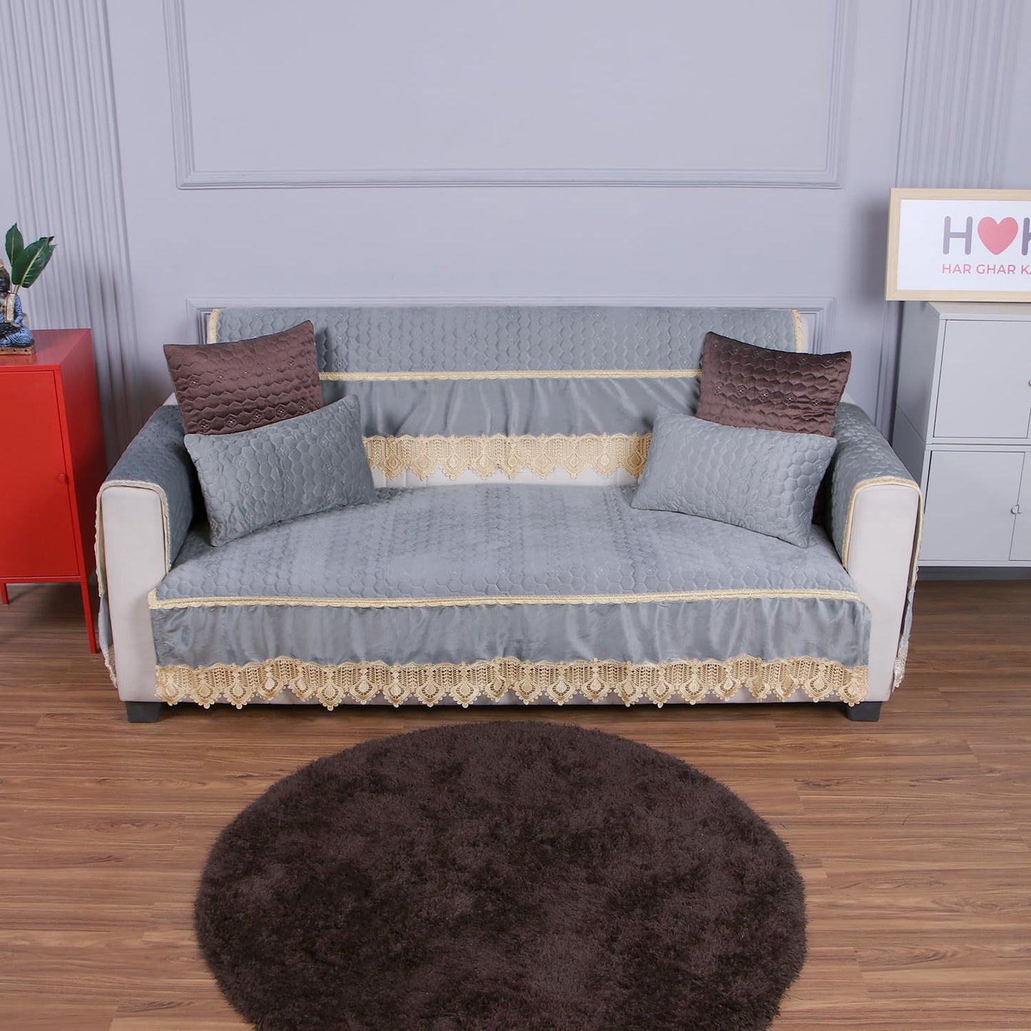 Premium Dutch Velvet Sofa Seat Mat for 1/2/3 Seater Sofa and Cushion Cover, Light Grey