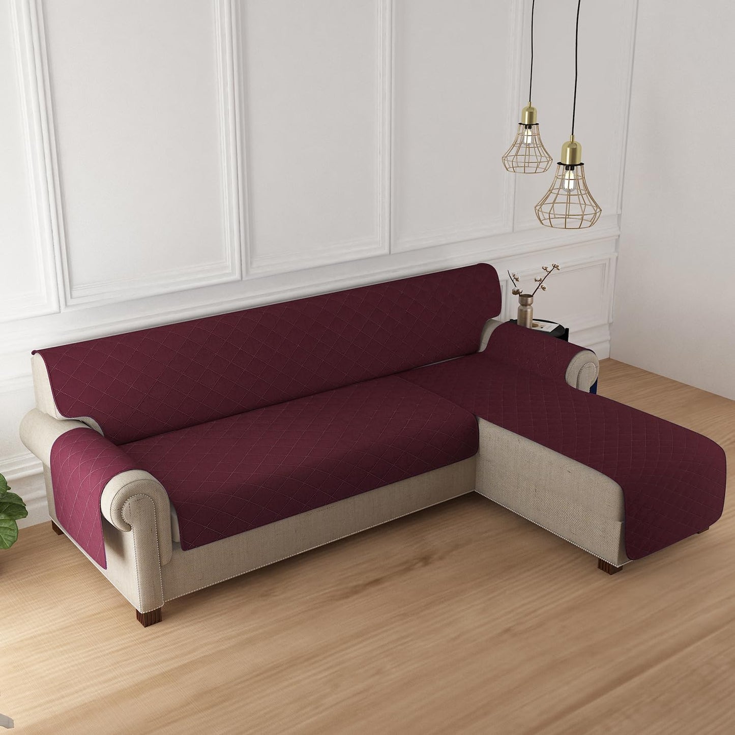 Quilted Reversible One Piece L Shape 4/5/6 Seater Sofa Cover Mat, Burgundy