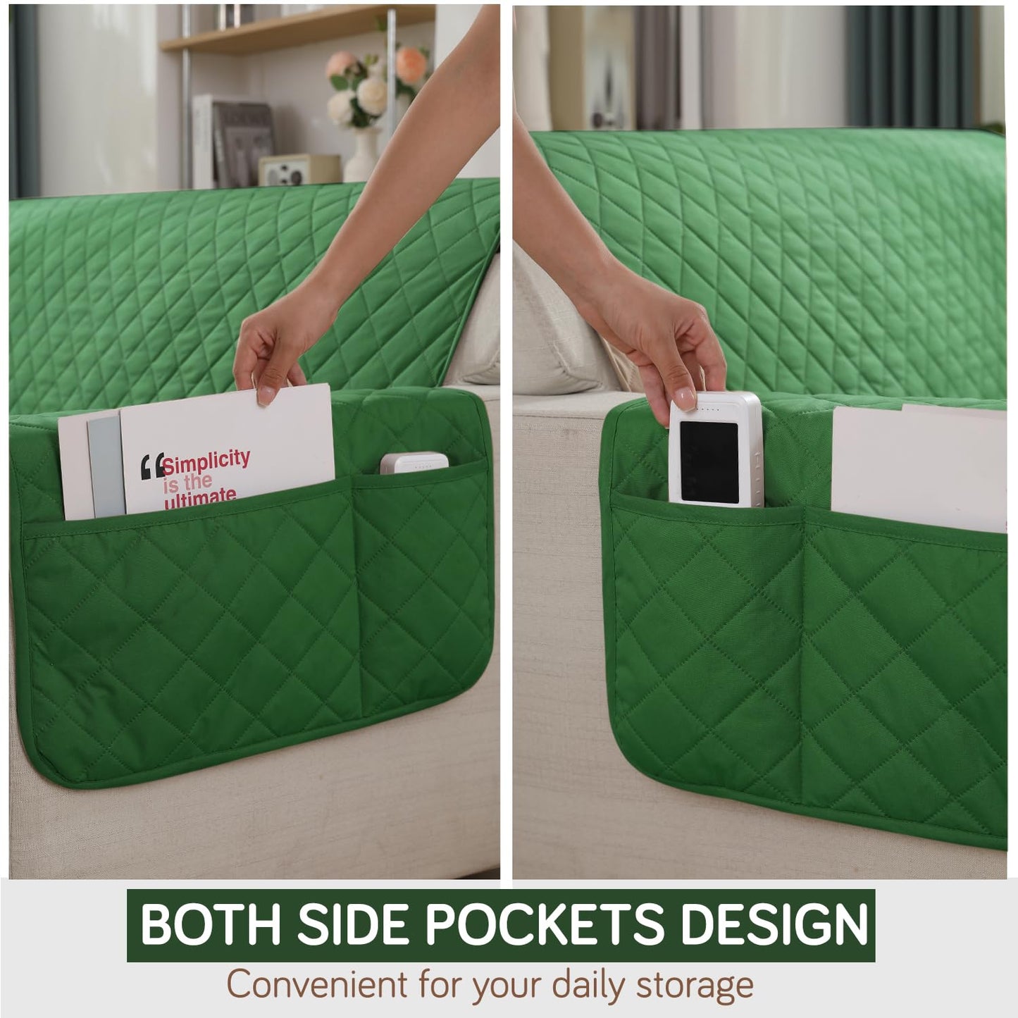 Quilted Waterproof Sofa Cover Mat with Pockets on Armrest Cover - Green