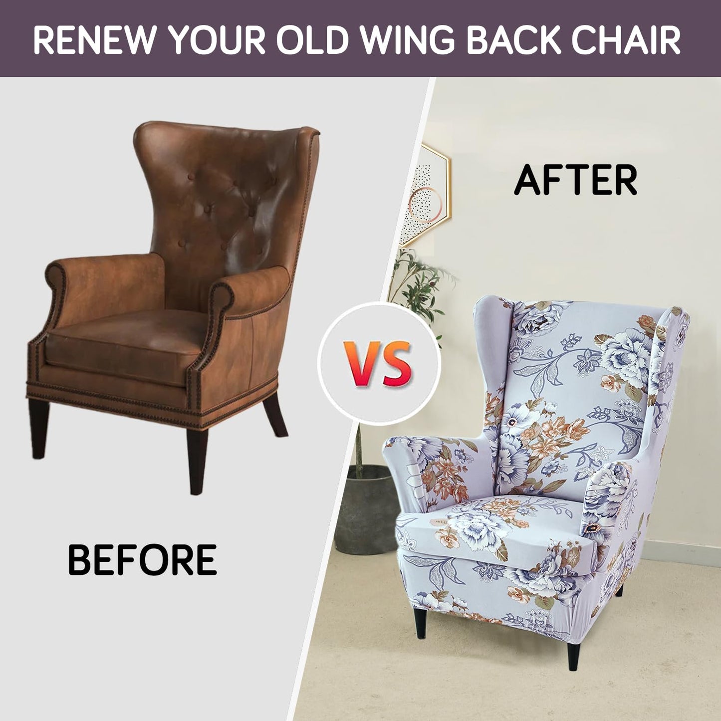 Gentle Grey Dahlia Elastic Wing Chair Covers